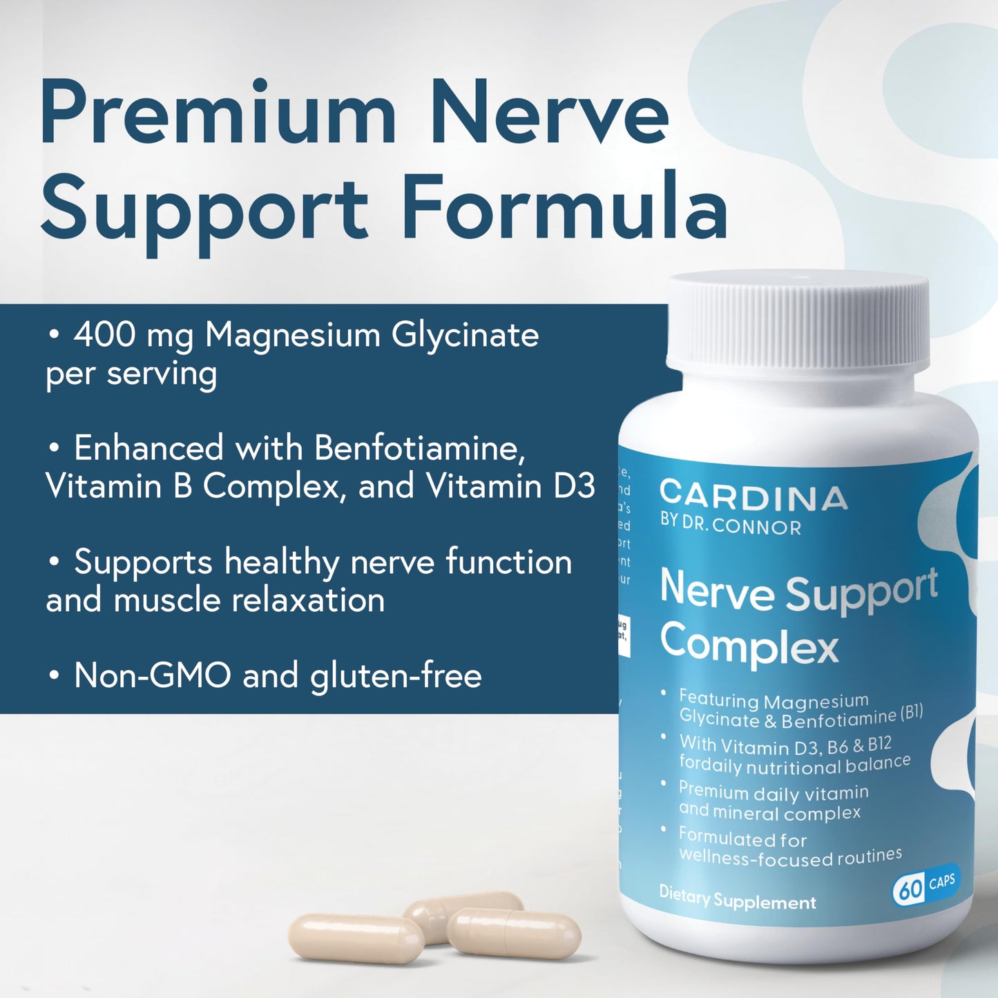 Cardina Magnesium Glycinate with Benfotiamine, Vitamin B6, B12, D3 Capsules, 60 Count