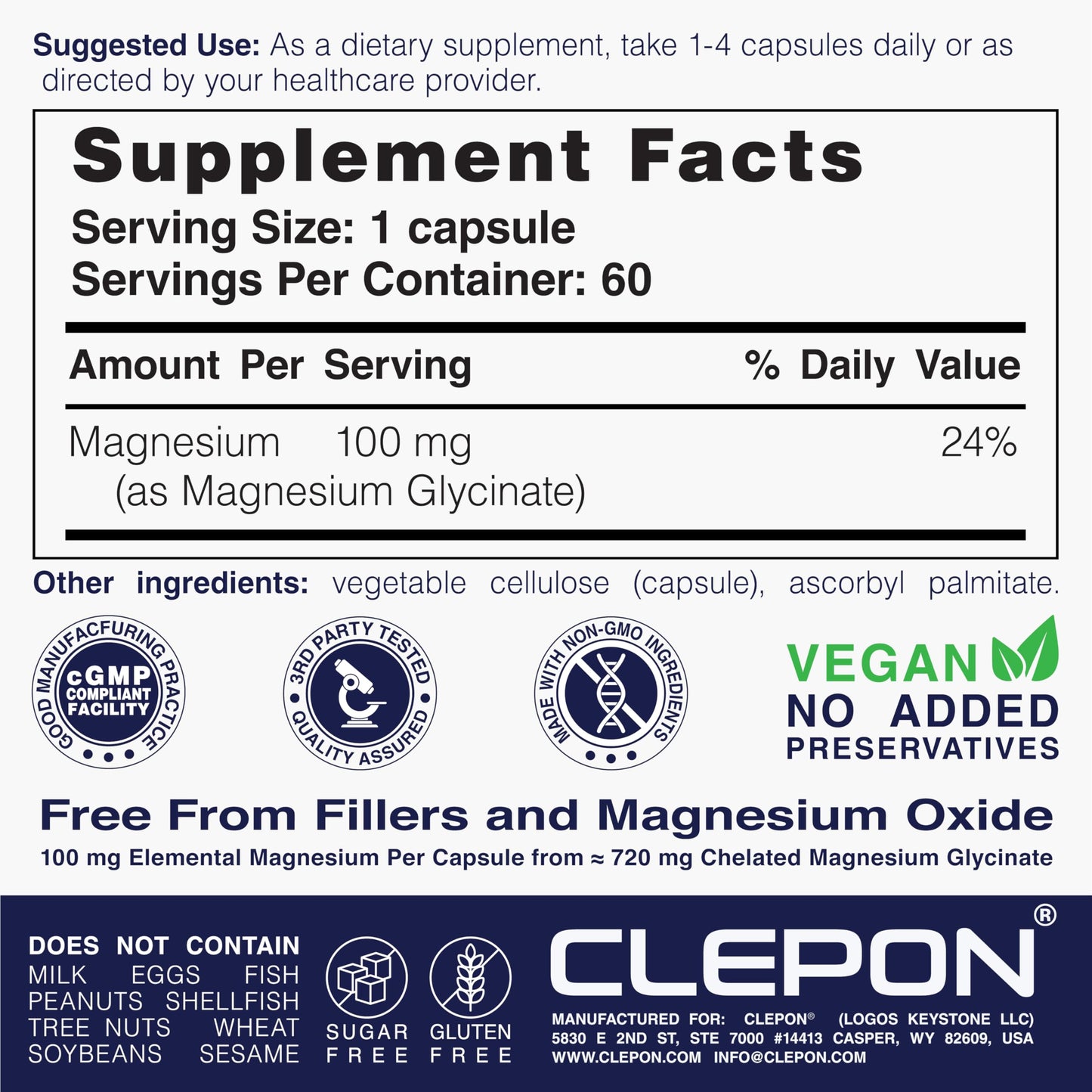 CLEPON Magnesium Glycinate 100mg Elemental Magnesium per Capsule, 60 Capsules