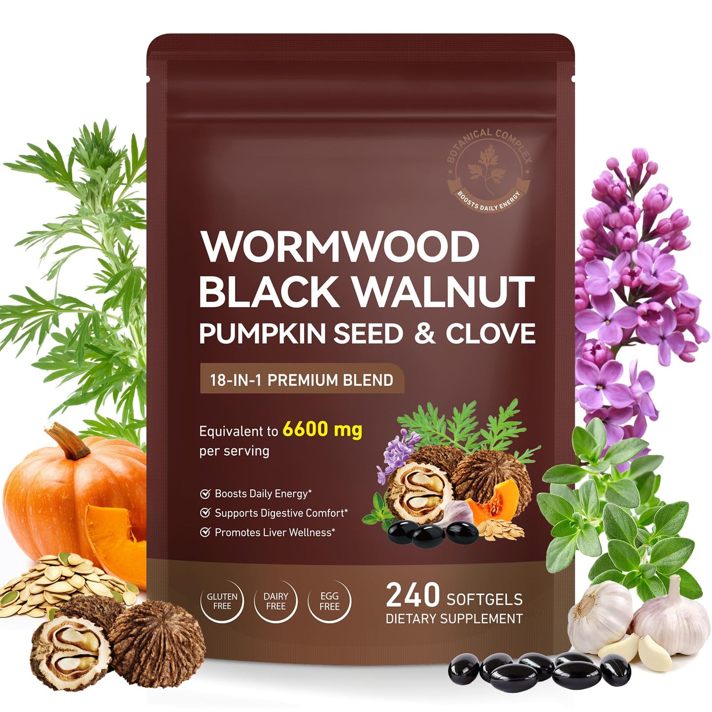 J&H Jasmine&Hyacinth Wormwood Black Walnut Clove Cleanse for Humans Elimination, 18-in-1 Potent Herbal Complex with Wormwood, Black Walnut, Clove, Garlic, Oregano, Pumpkin Seed Extract, Liposal Delivery Softgels 240