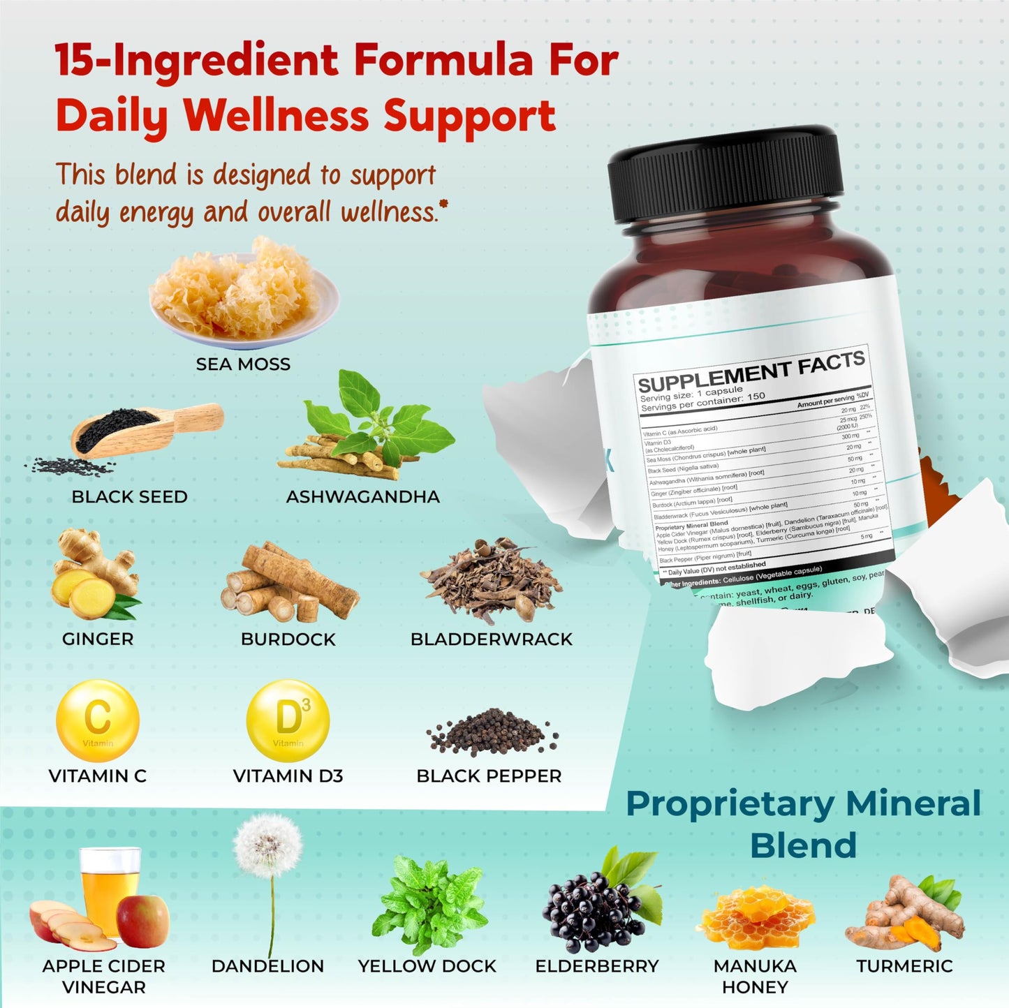 PEAKPURY Sea Moss Black Seed Oil Ashwagandha Ginger Burdock Bladderwrack Immunity Support Capsules, 150 Count