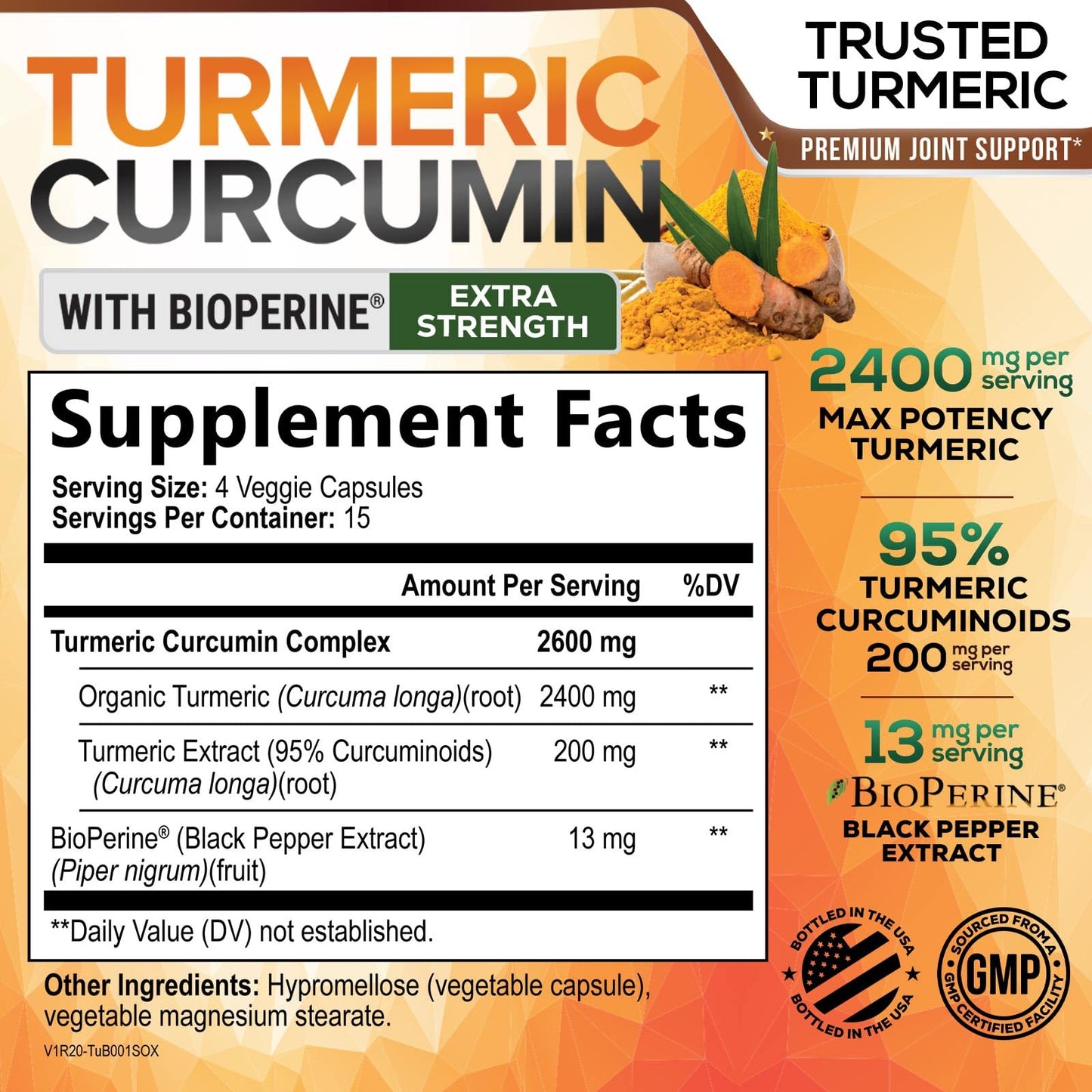 Nature's Nutrition Turmeric Curcumin Supplement - 2400mg Organic Turmeric Per Serving - 95% Curcuminoids & BioPerine Black Pepper Extract for Best Absorption - Natural Vegan Joint Support - Bottled in USA - 60 Capsules
