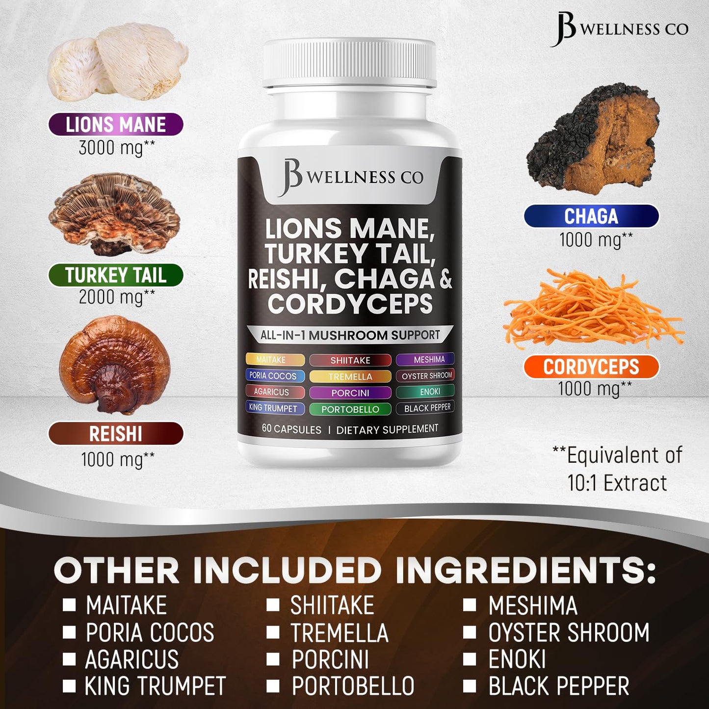 JB Wellness Co Lions Mane Supplement Capsule, 180 Count