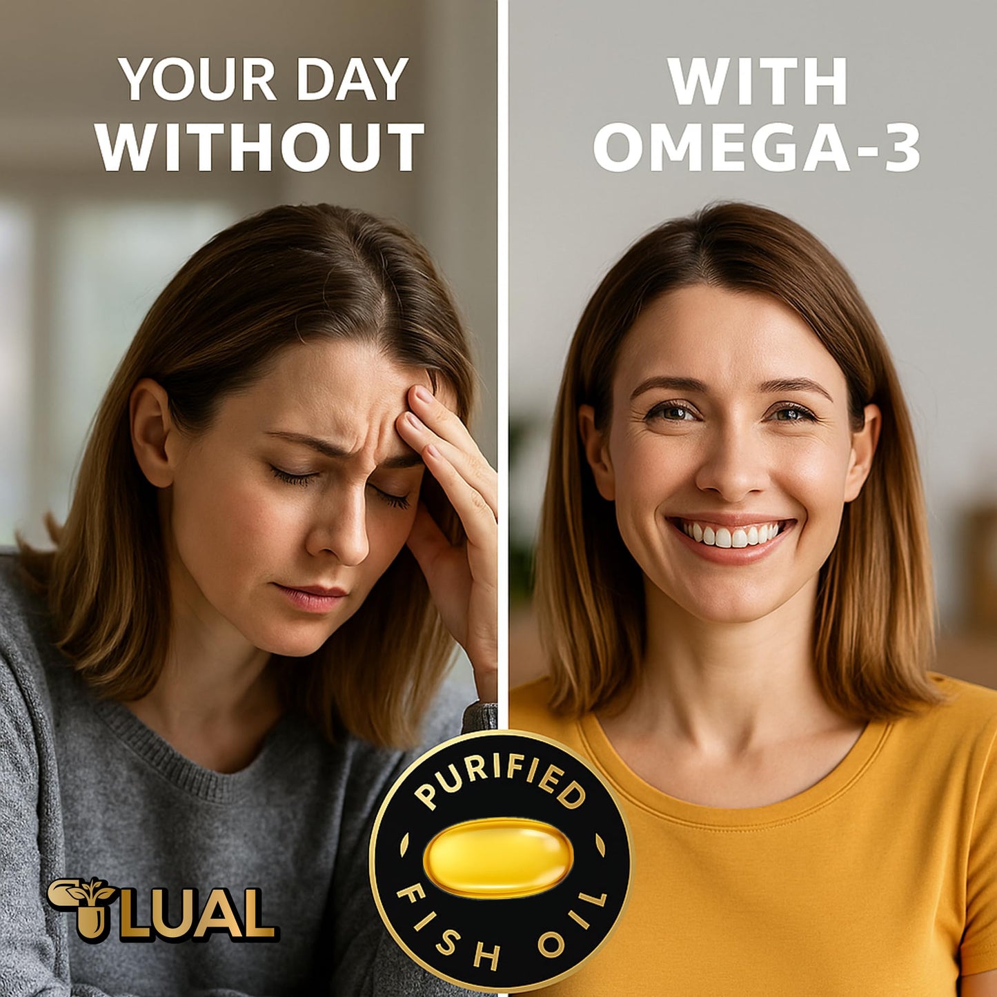 LUAL Omega-3 Fish Oil Softgels 1000mg, EPA & DHA, Lemon Flavor, Burpless, Non-GMO, 120 Count