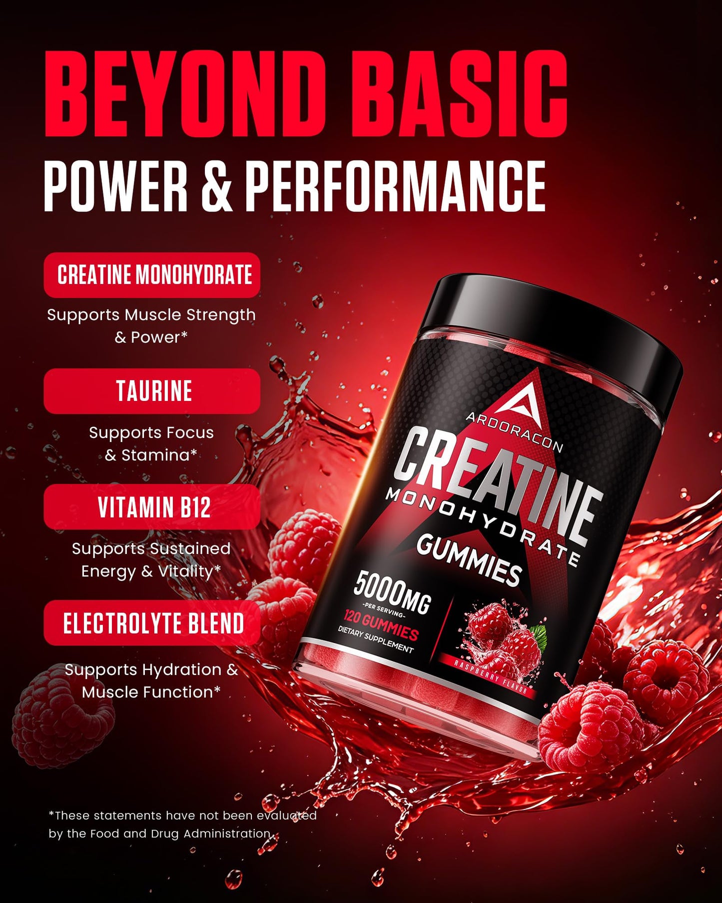 ARDORACON Creatine Gummies 6-in-1 with Taurine + Electrolytes Gummy 115 Count