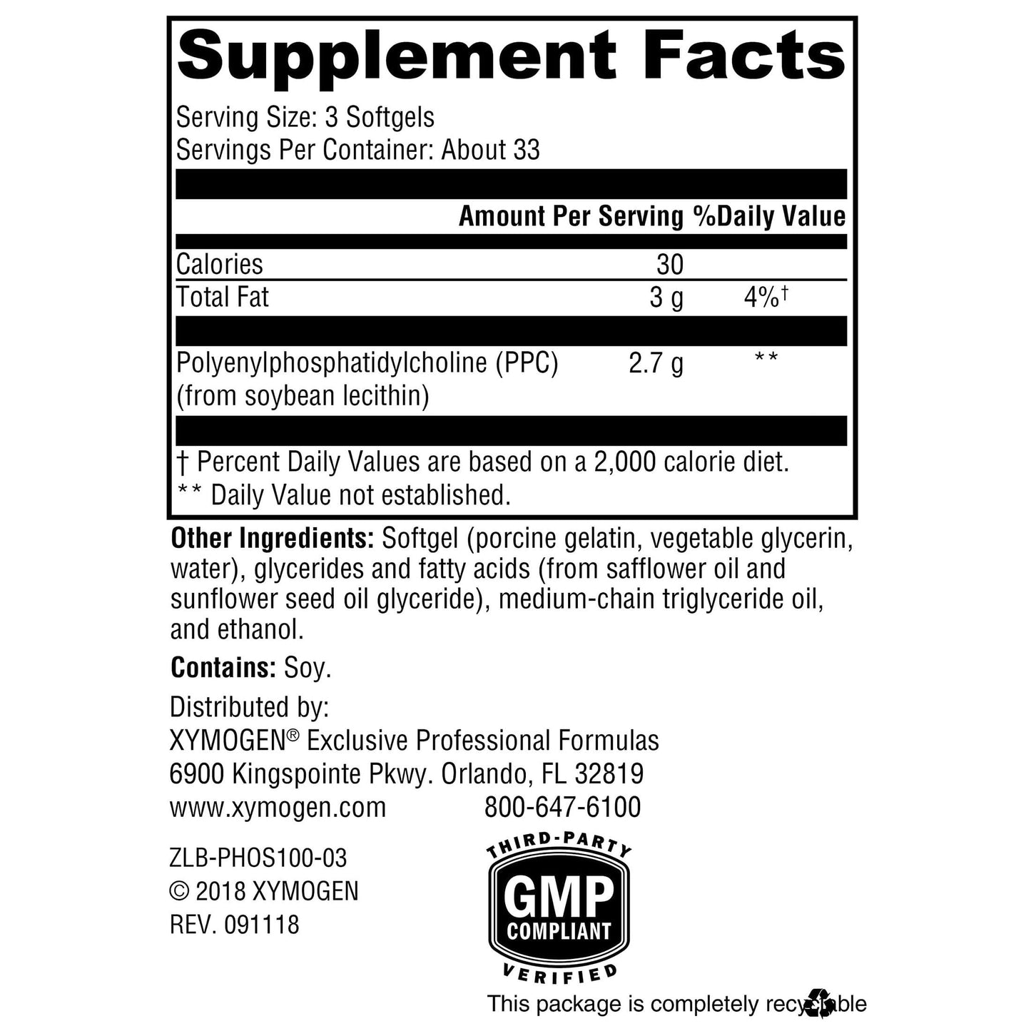 XYMOGEN PhosphaLine Polyenylphosphatidylcholine Supplement for Liver & Cardiovascular Health Support Phosphatidylcholine 100 Softgels