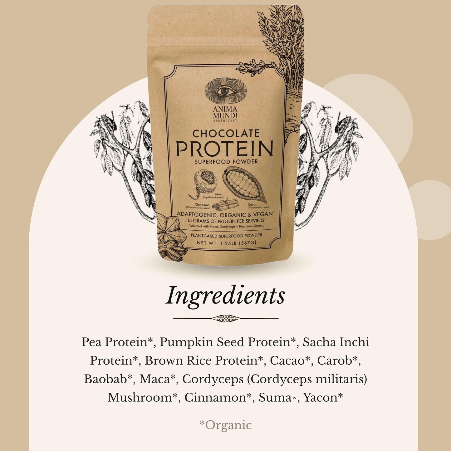 Anima Mundi Apothecary Qi Energy & Protein Superfood Powder Adrenal Support with Ashwagandha & Slippery Elm, Mood & Energy Support, 8 oz