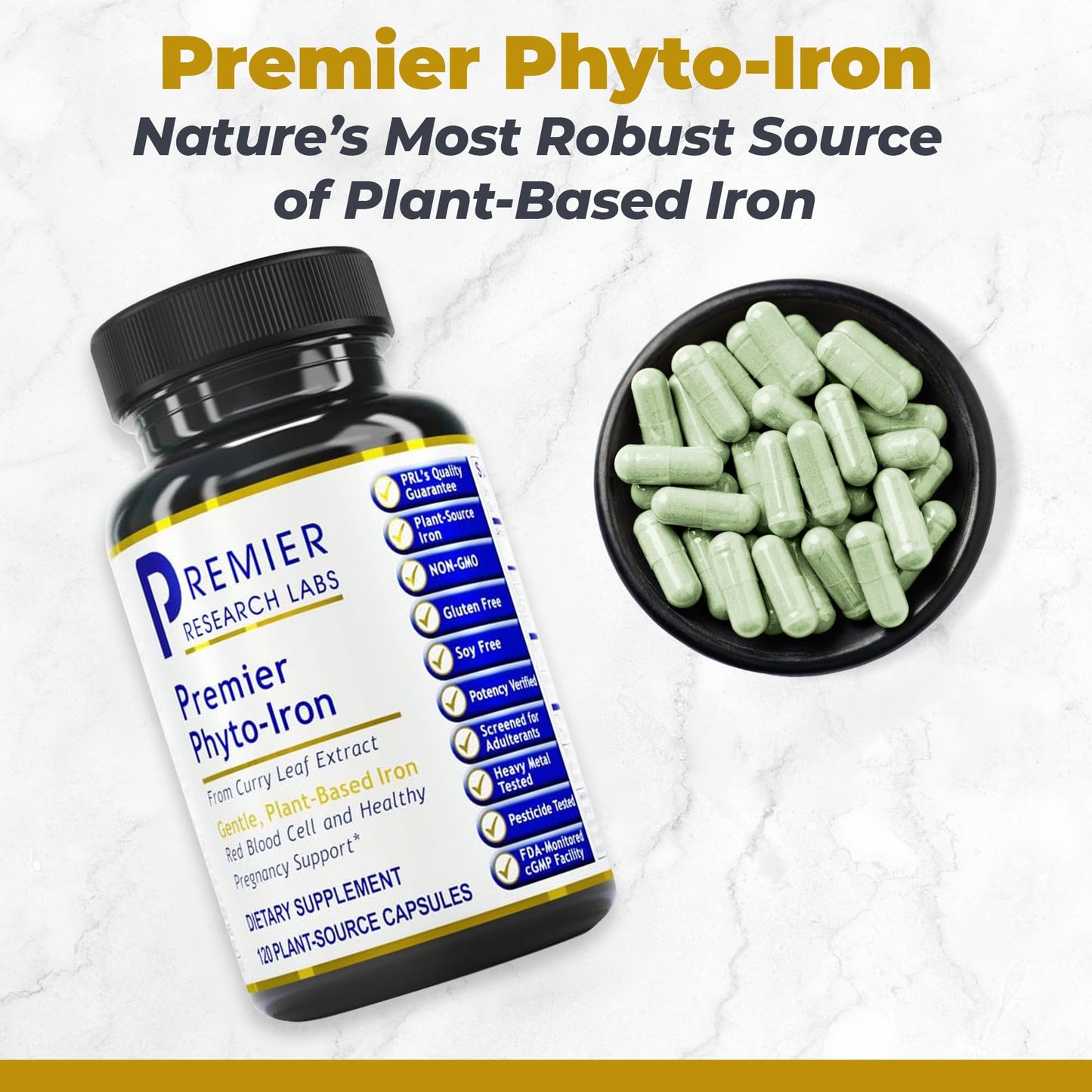 Premier Research Labs Phyto-Iron Plant Based Iron for Blood Support, Non-Heme Iron, 18mg Iron per Serving, 120 Vegetarian Capsules