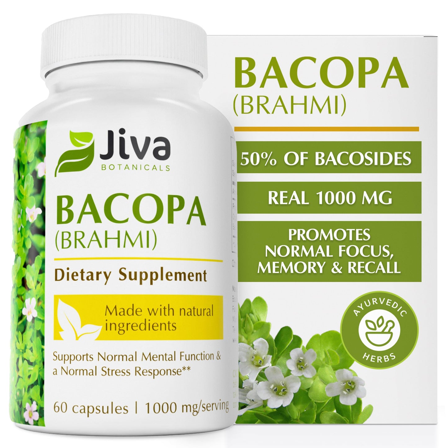 Jiva Botanicals Bacopa Monnieri Supplement Pure 1000mg per Serving Capsules, 60 Count