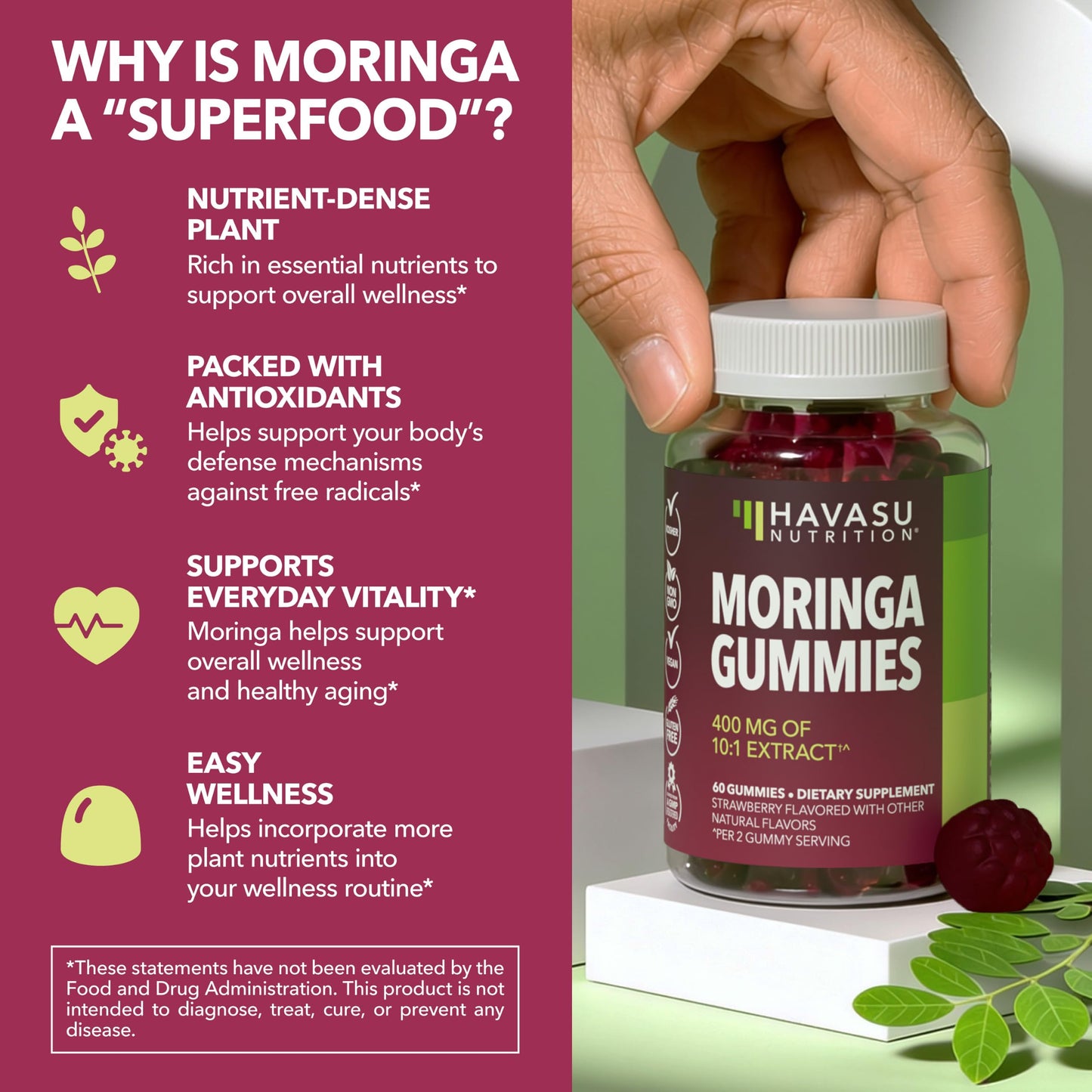 HAVASU NUTRITION Moringa Gummies 400mg Per Serving, Green Superfood Supplement, 60 Count