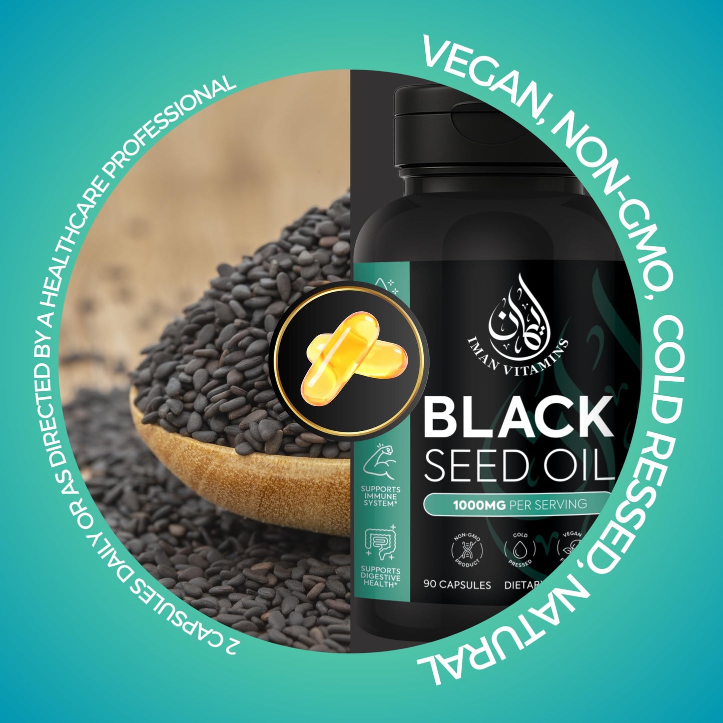Iman Vitamins Black Seed Oil Capsules 1000mg, Cold Pressed, Vegan, Non-GMO, Gluten Free, Nigella Sativa, 90 Capsules