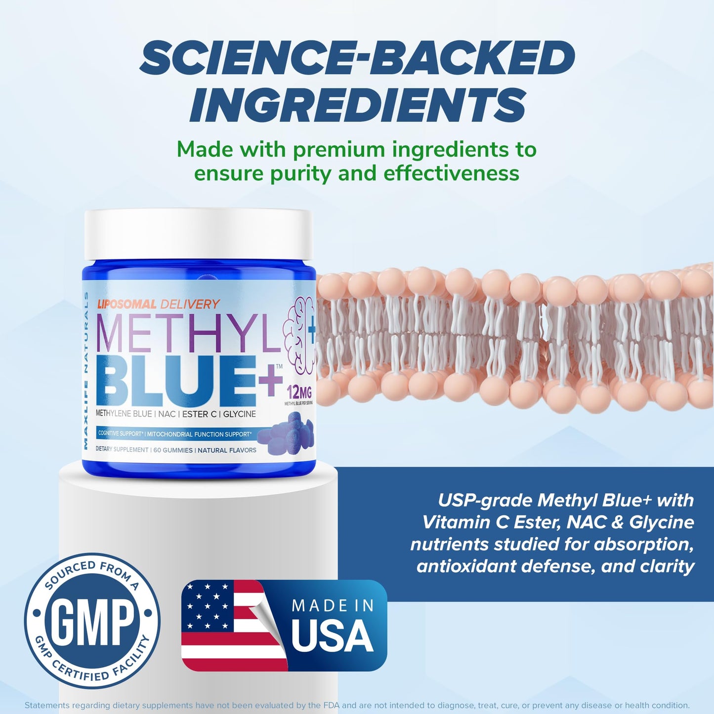 MAXLIFE NATURALS Liposomal Pure Methylene Blue Gummies, 12mg, 60 Count