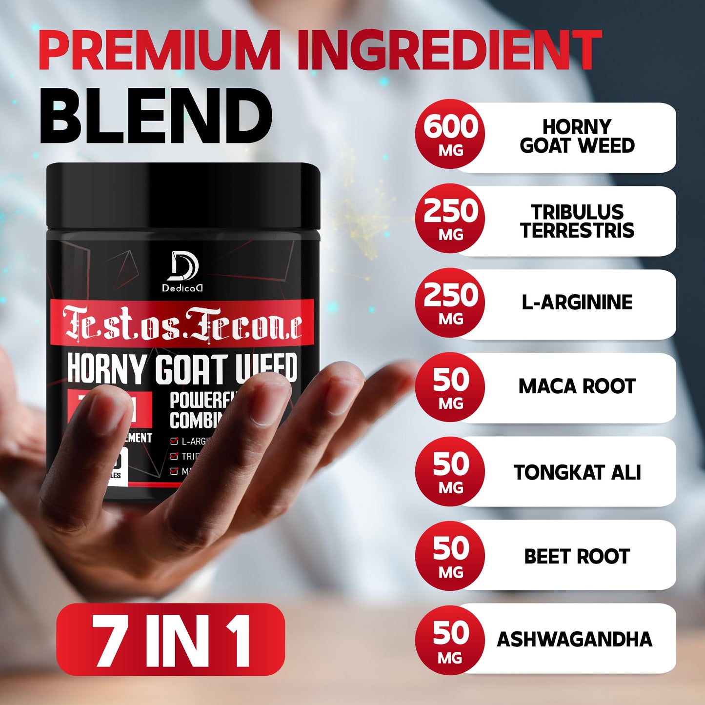 DEDICAD 7 in-1 Ultra Test Support with Tribulus Terrestris Horny Goat Weed L-Arginine Maca Root Tongkat Ali Beet Root Capsules 120