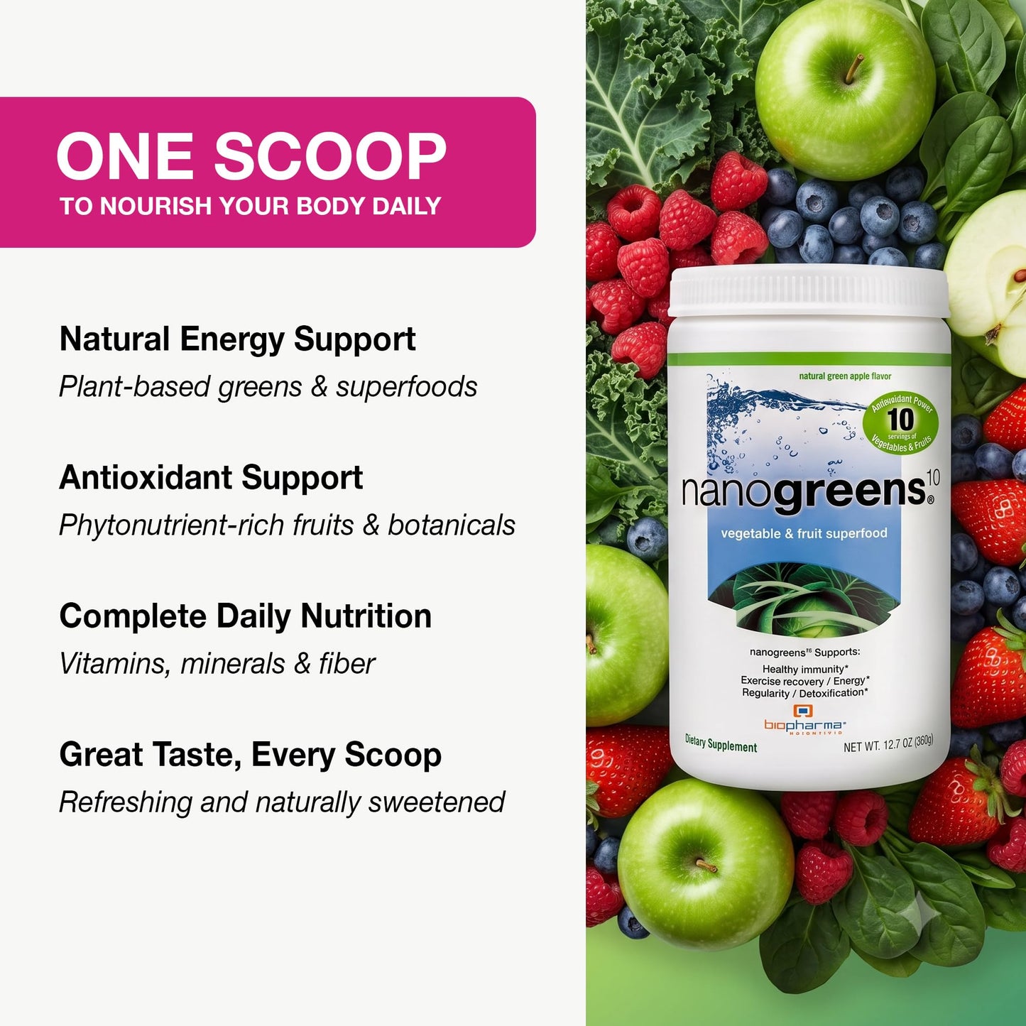 Biopharma Scientific NanoGreens Superfood Greens Powder, 12.7 Ounce