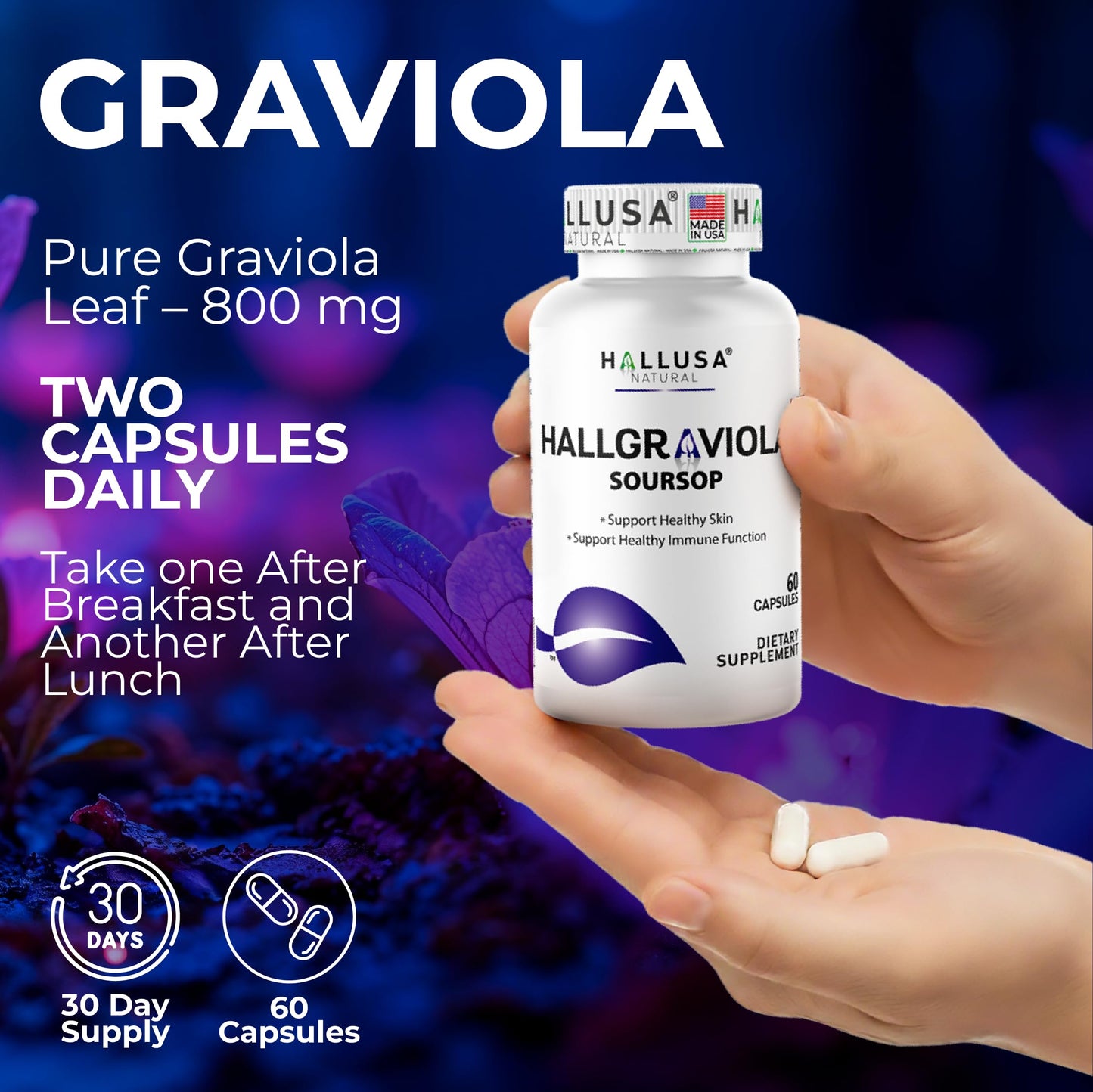 Hallusa Natural Graviola Leaf Capsules 800 mg, 60 Count