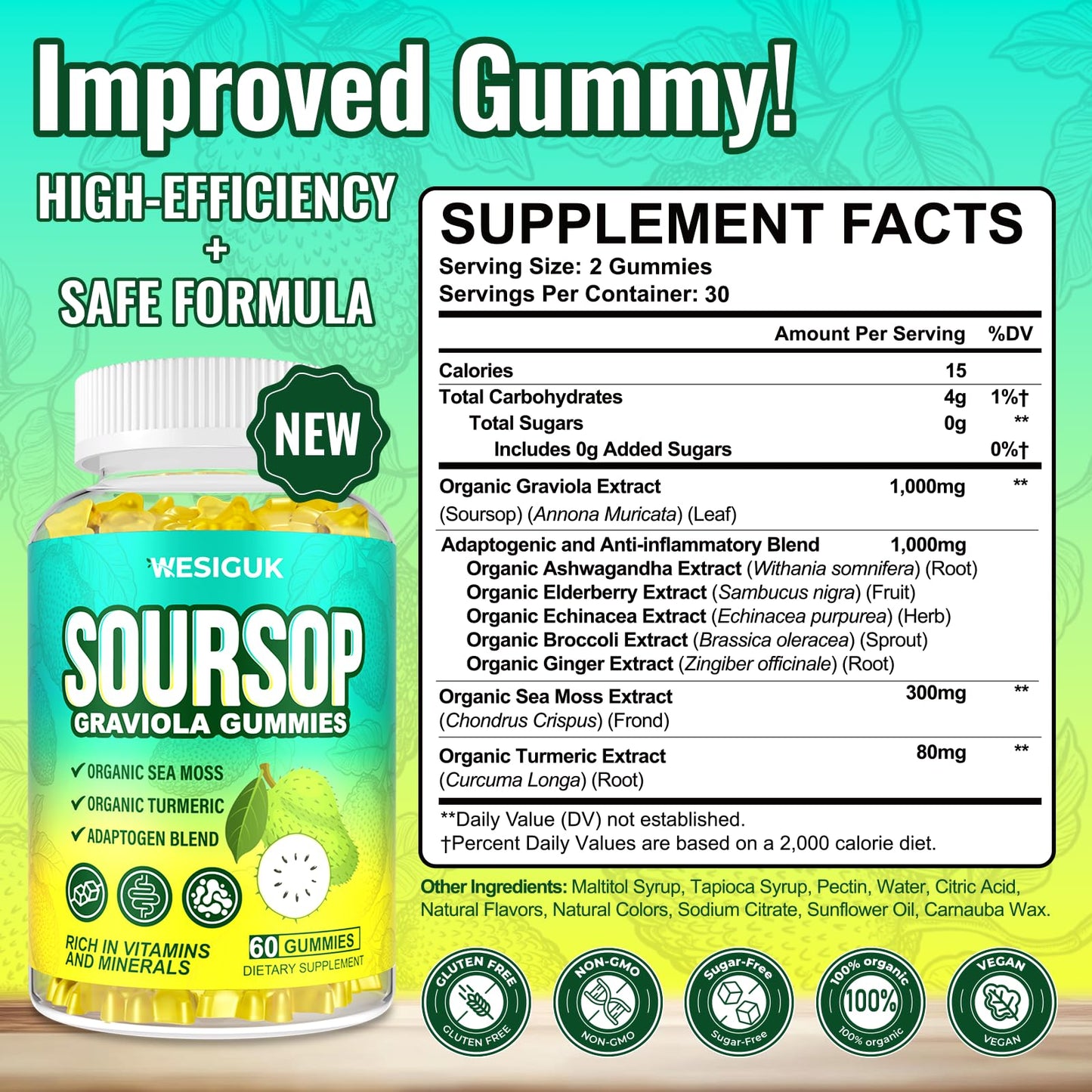 Wesiguk Soursop Graviola Gummies, 60 Count