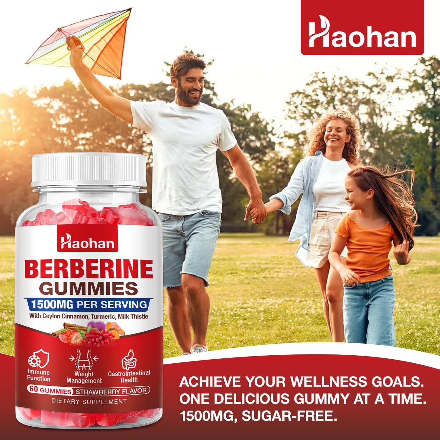 Haohan Berberine Gummies, 1500mg High Potency Berberine HCl, Ceylon Cinnamon & Milk Thistle, Immune System & Metabolism Support, Vegan, Strawberry Flavor, 120 Count