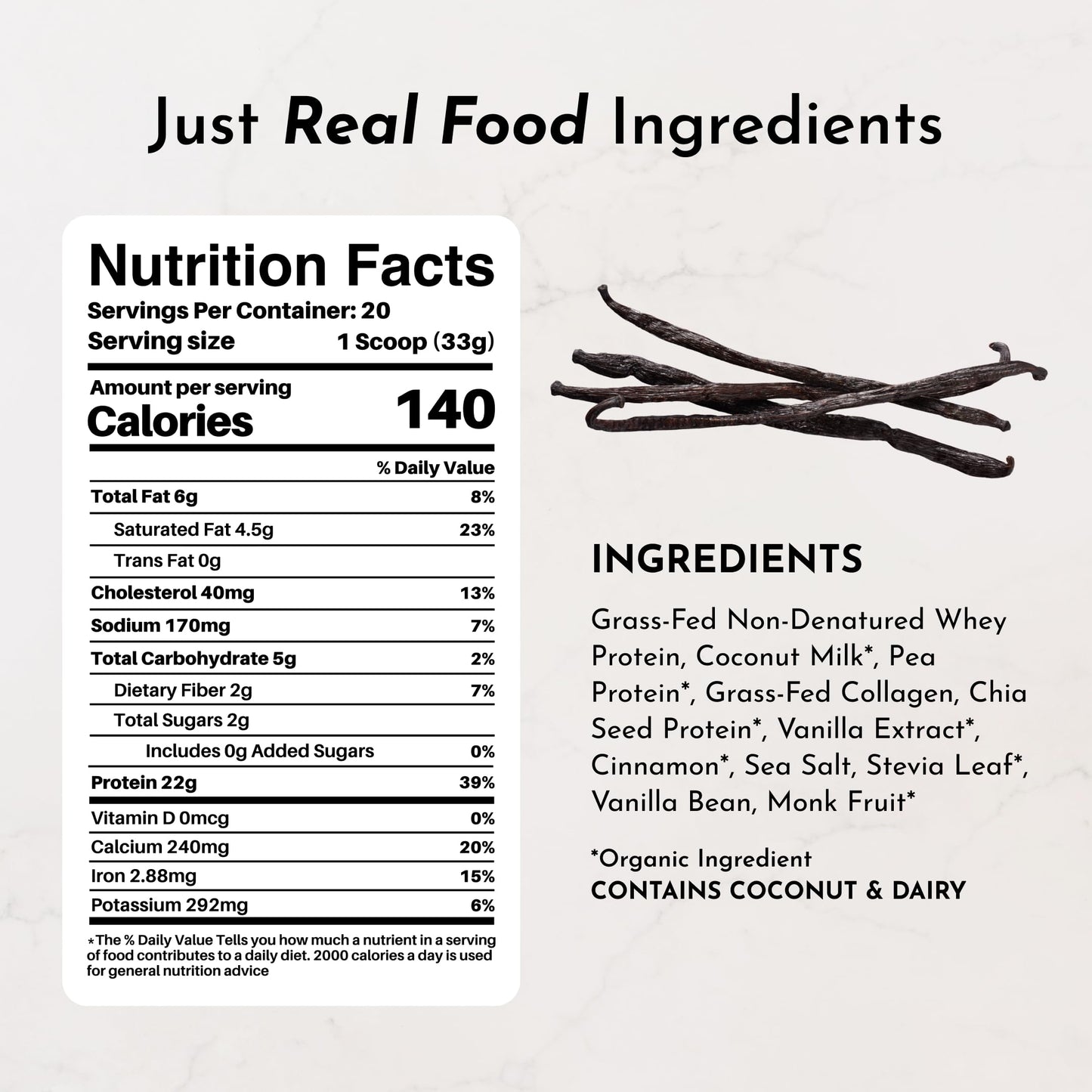 JUST INGREDIENTS Vanilla Bean Protein Powder (20 Servings)