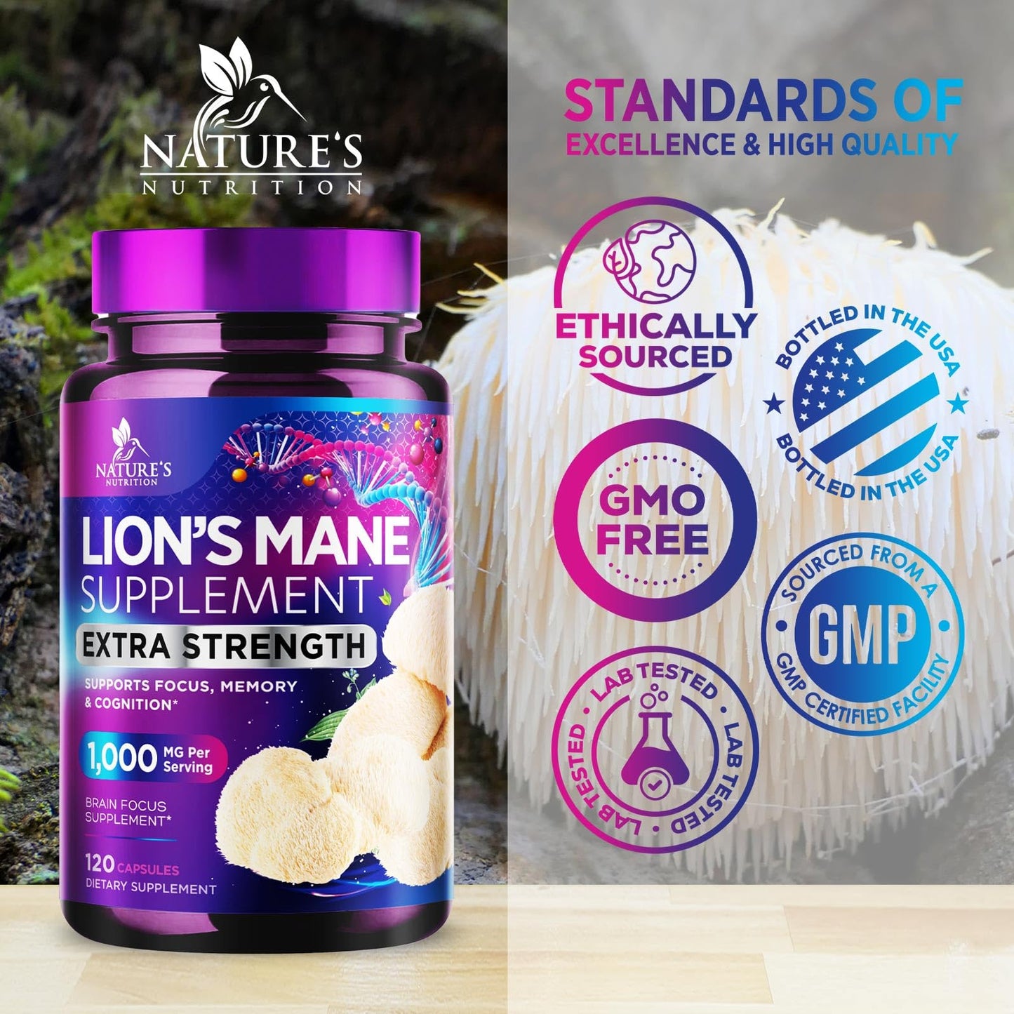 Nature's Nutrition Lion's Mane Mushroom Supplement Capsules 120 Capsules