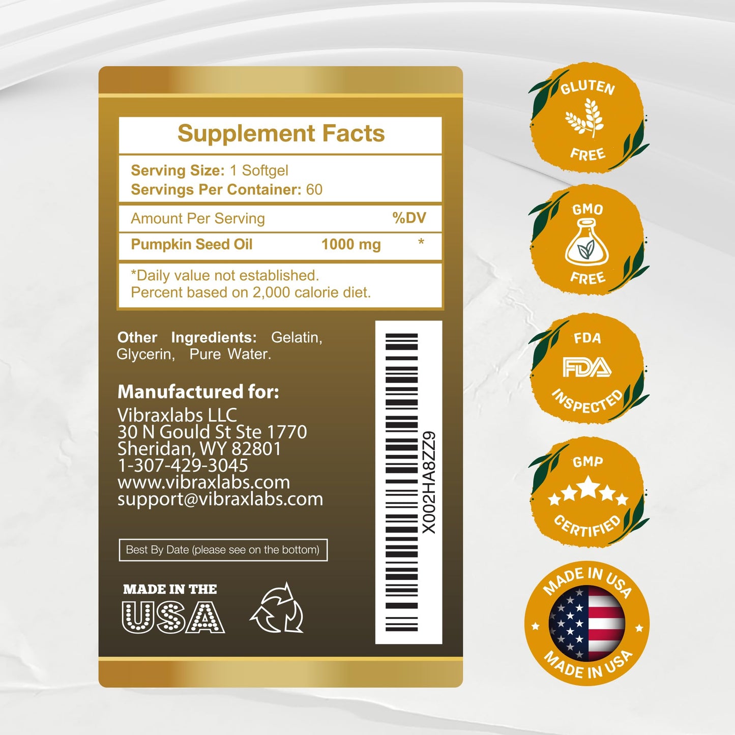 Vibraxlabs Pumpkin Seed Oil Softgels, 60 Count