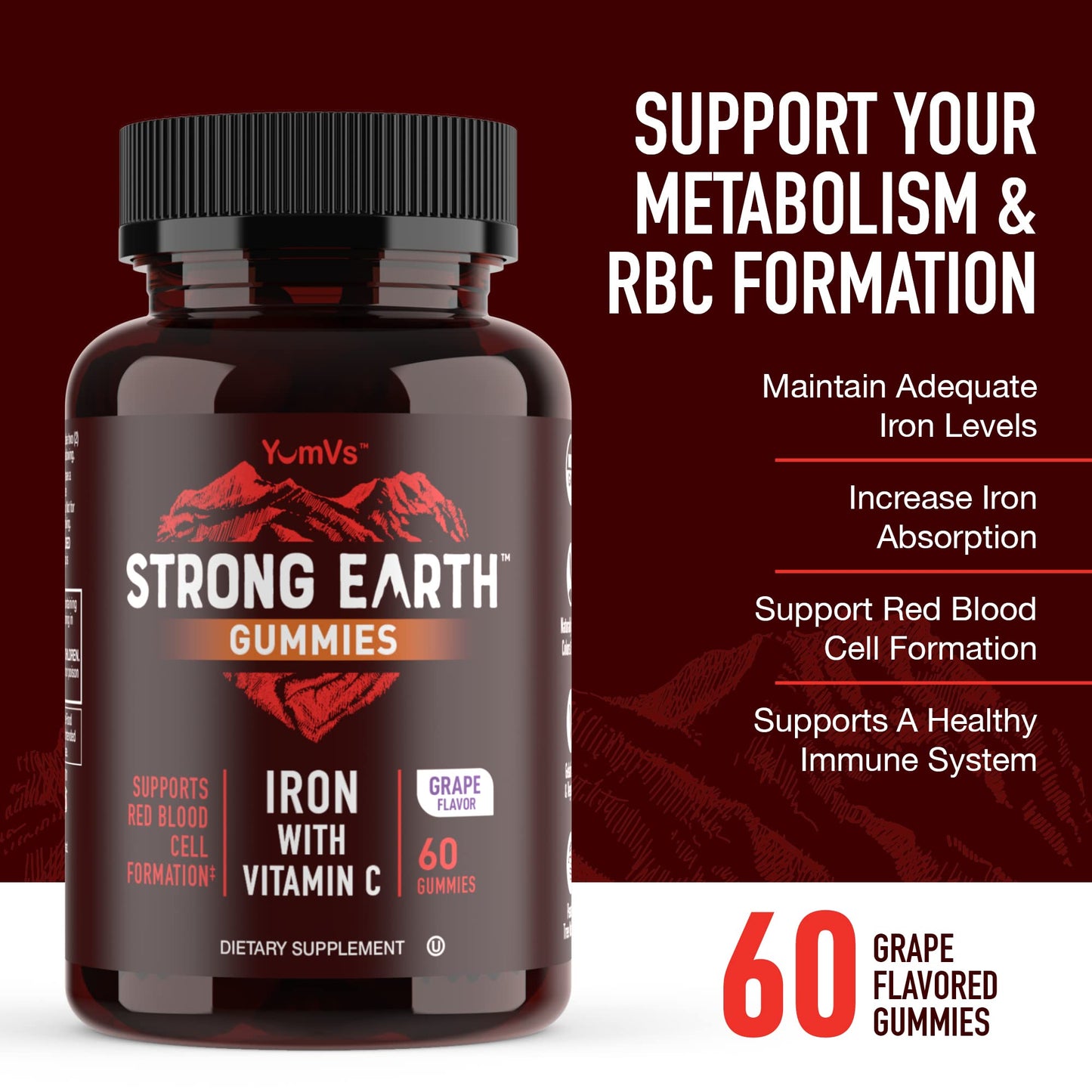 YUM-V'S Strong Earth Iron with Vitamin C Gummies, 60 Count