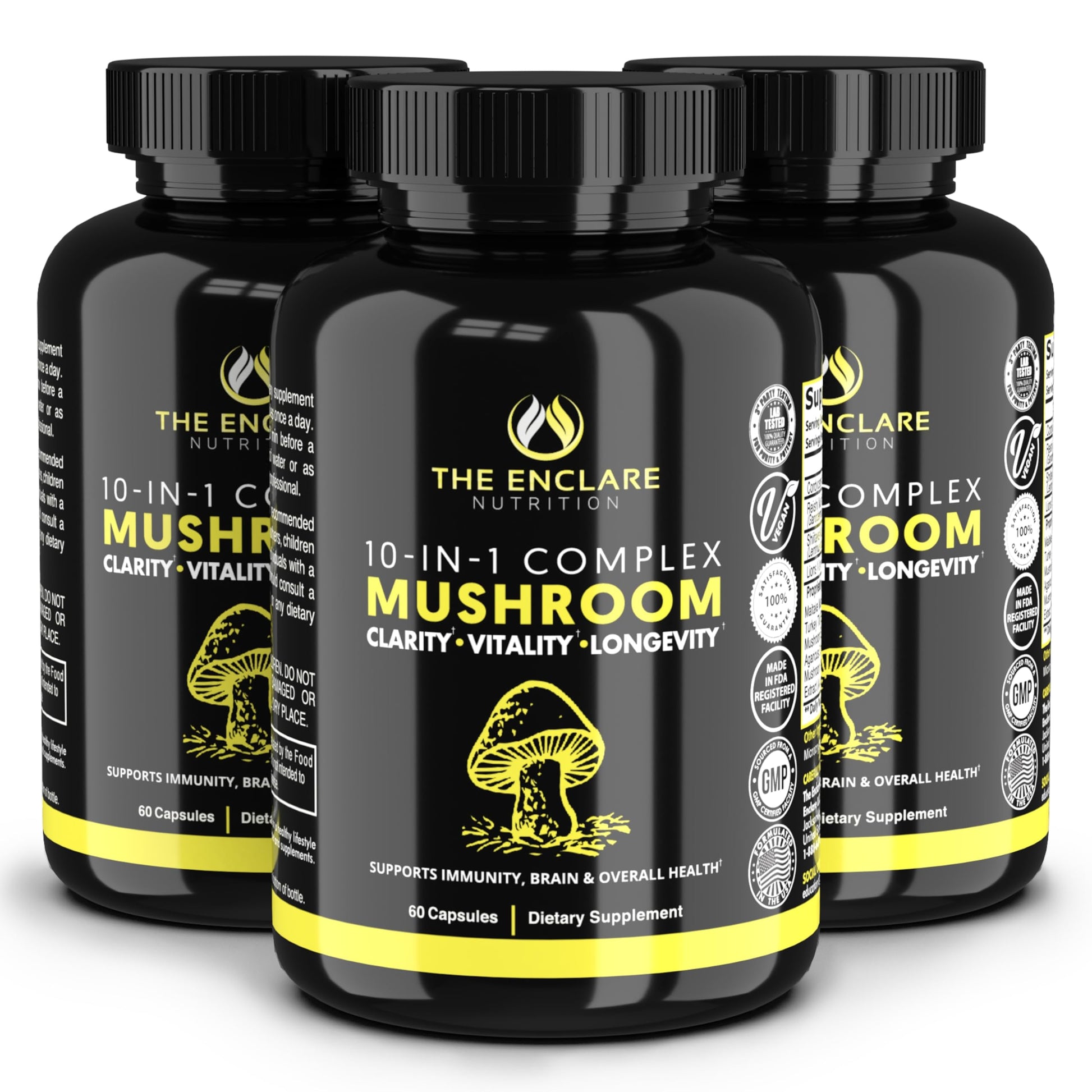 The Enclare Nutrition Mushroom Supplement 10in1 Complex Immune Support, Energy, Nootropic Brain, Immunity Booster Lions Mane, Reishi, Turkey Tail, Cordyceps, Chaga, Maitake, Shiitake, Agaricus Capsules, 180 Count