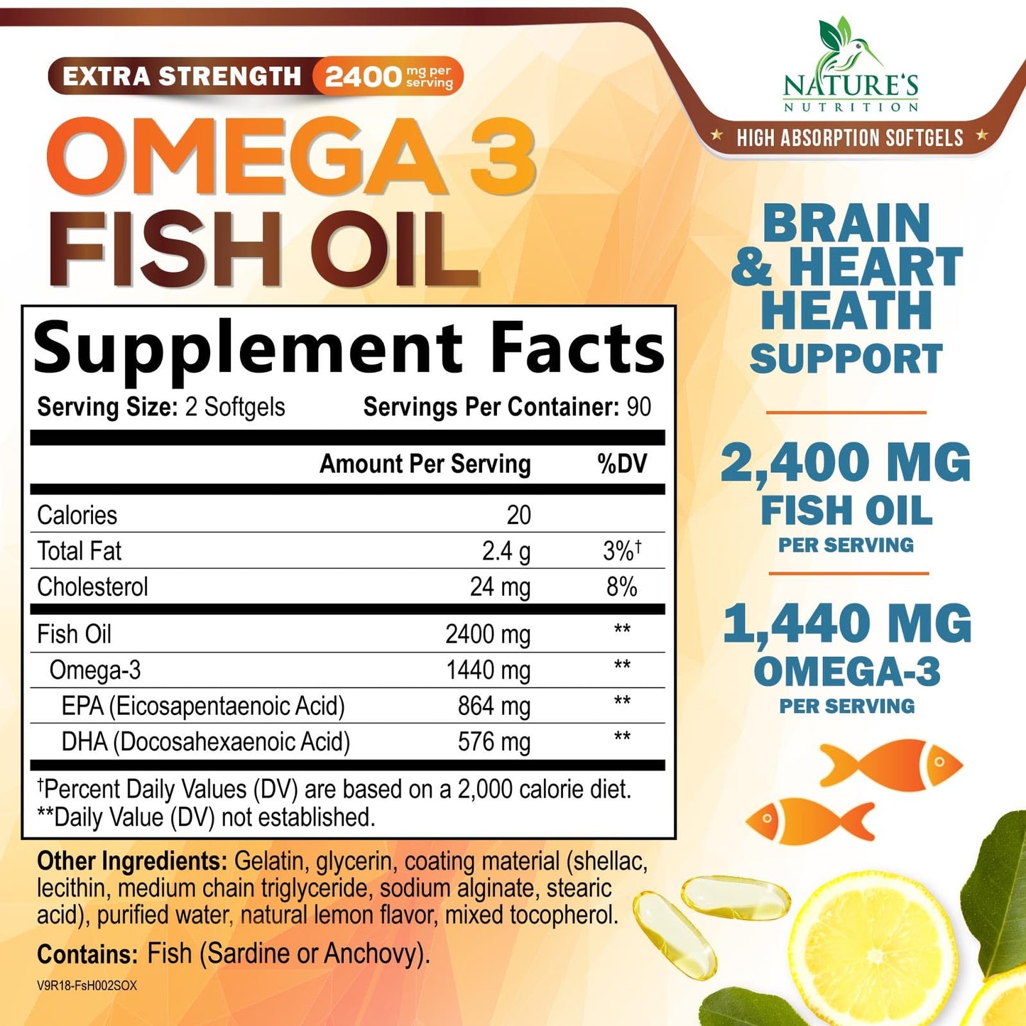 Nature's Nutrition Omega 3 Fish Oil Supplements Softgels 180 Count