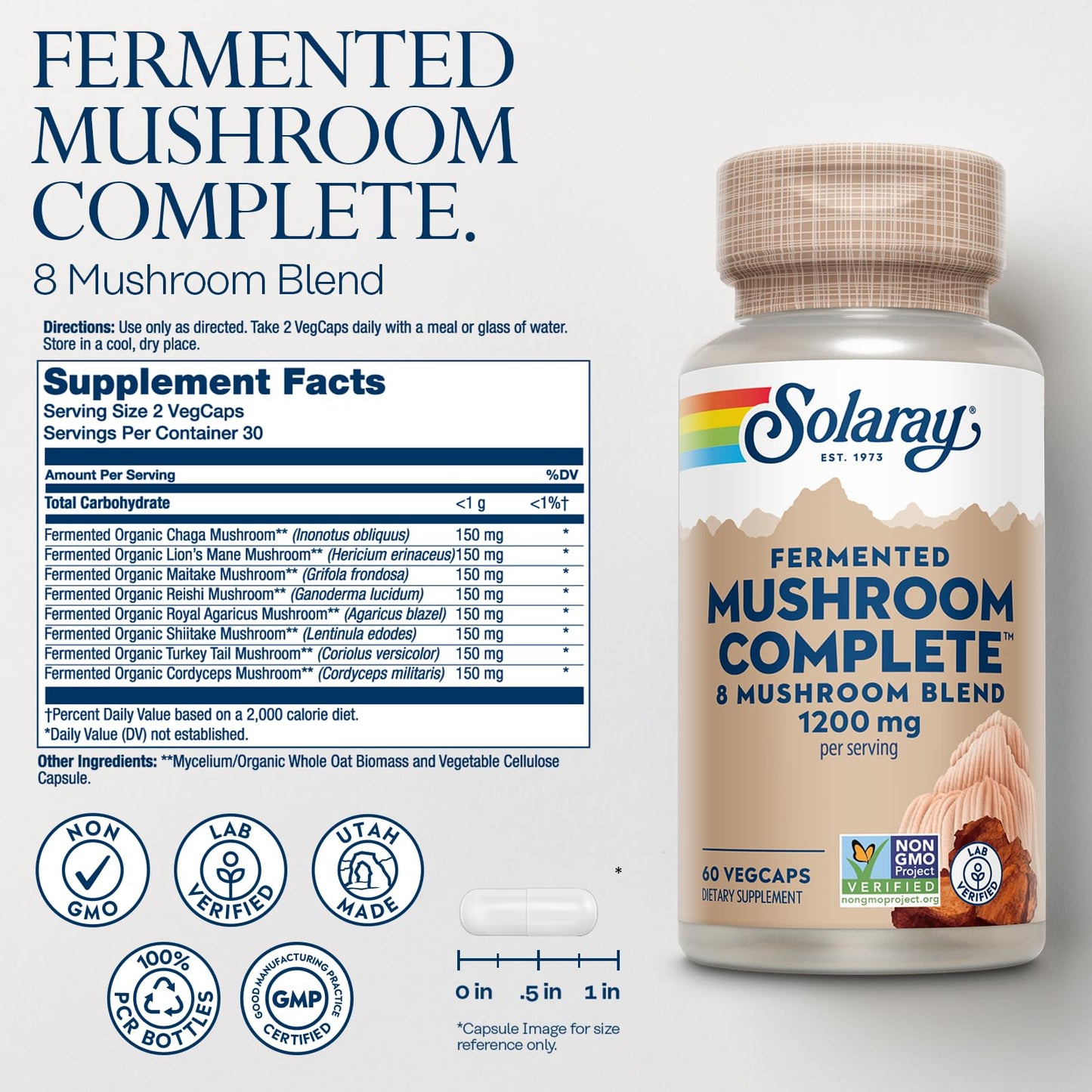 SOLARAY Fermented Mushroom Complete - Organic Chaga, Reishi, Shiitake, Cordyceps, Turkey Tail Mushroom and Lions Mane Supplement Capsules, 60 Count