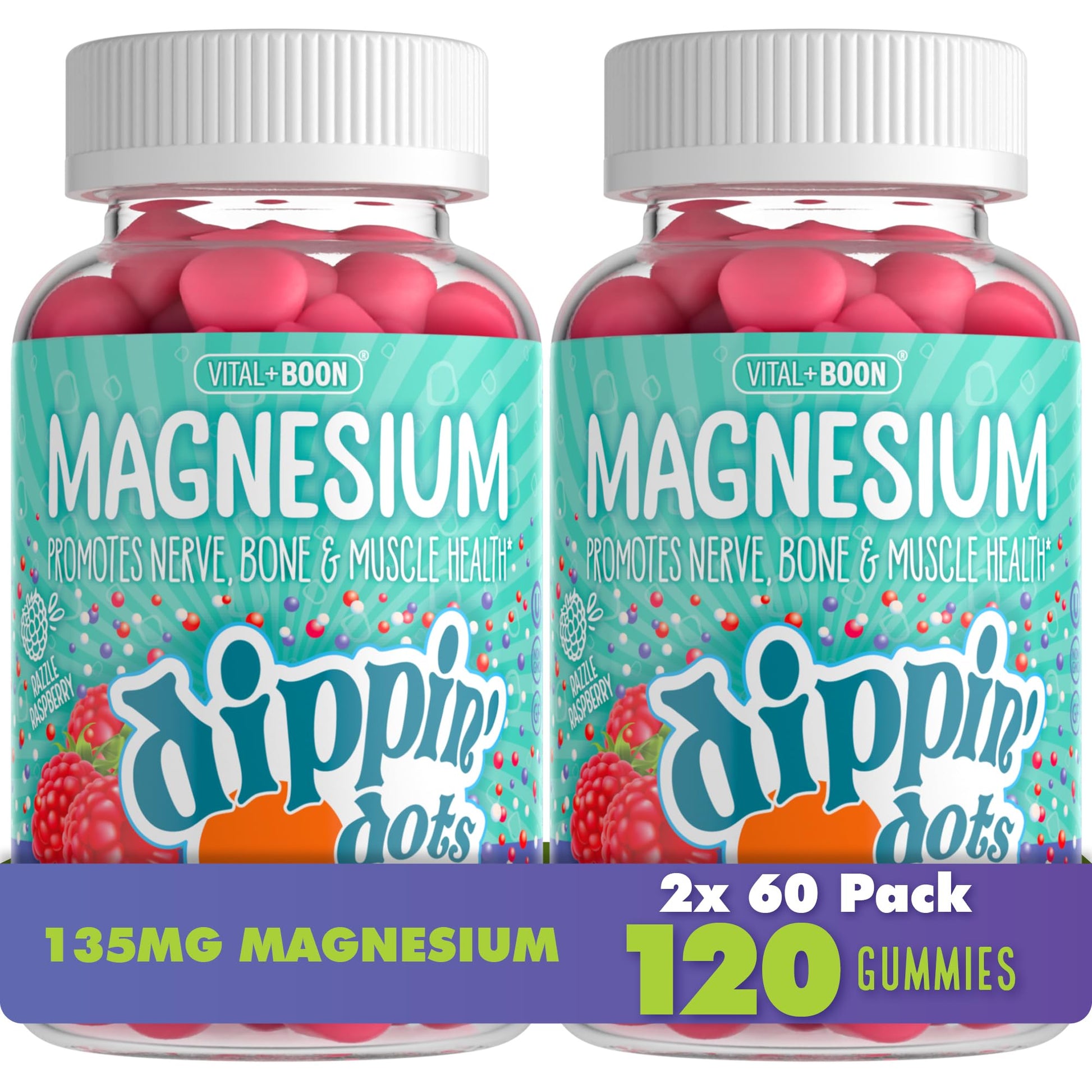 Vital+Boon Dippin' Dots Calm Magnesium Gummies for Kids & Adults, Raspberry 120 Gummies