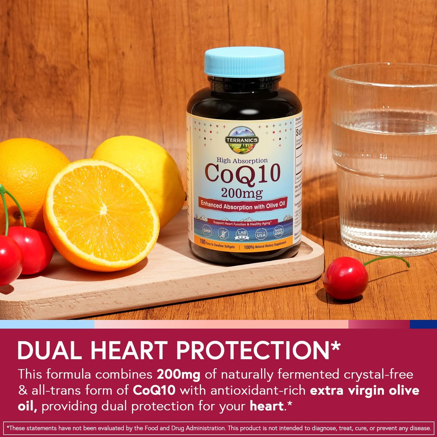 Terranics CoQ10 200mg Coenzyme Q10 with Extra Virgin Olive Oil Softgels, 180 Count