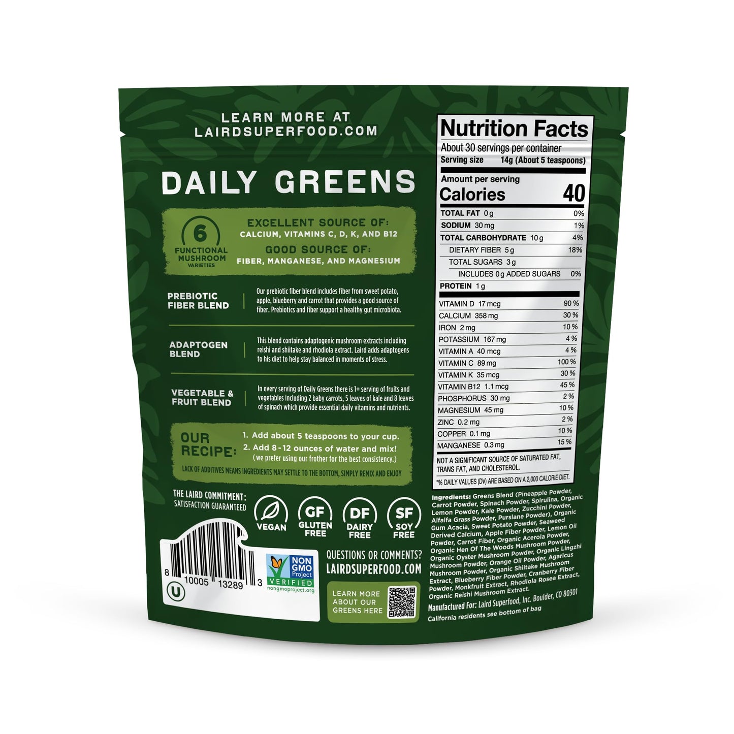 Laird Superfood Prebiotic Daily Greens Powder, 14.8 oz