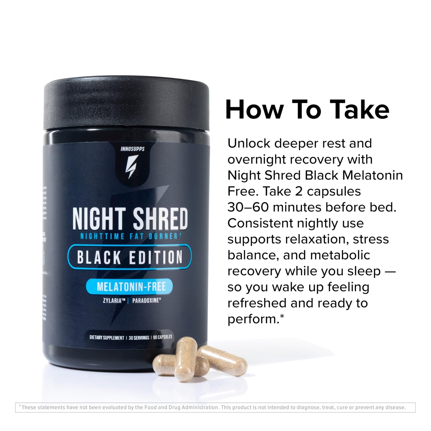 InnoSupps Night Shred Black Melatonin-Free Night Time Fat Burner Capsules, 90 Count