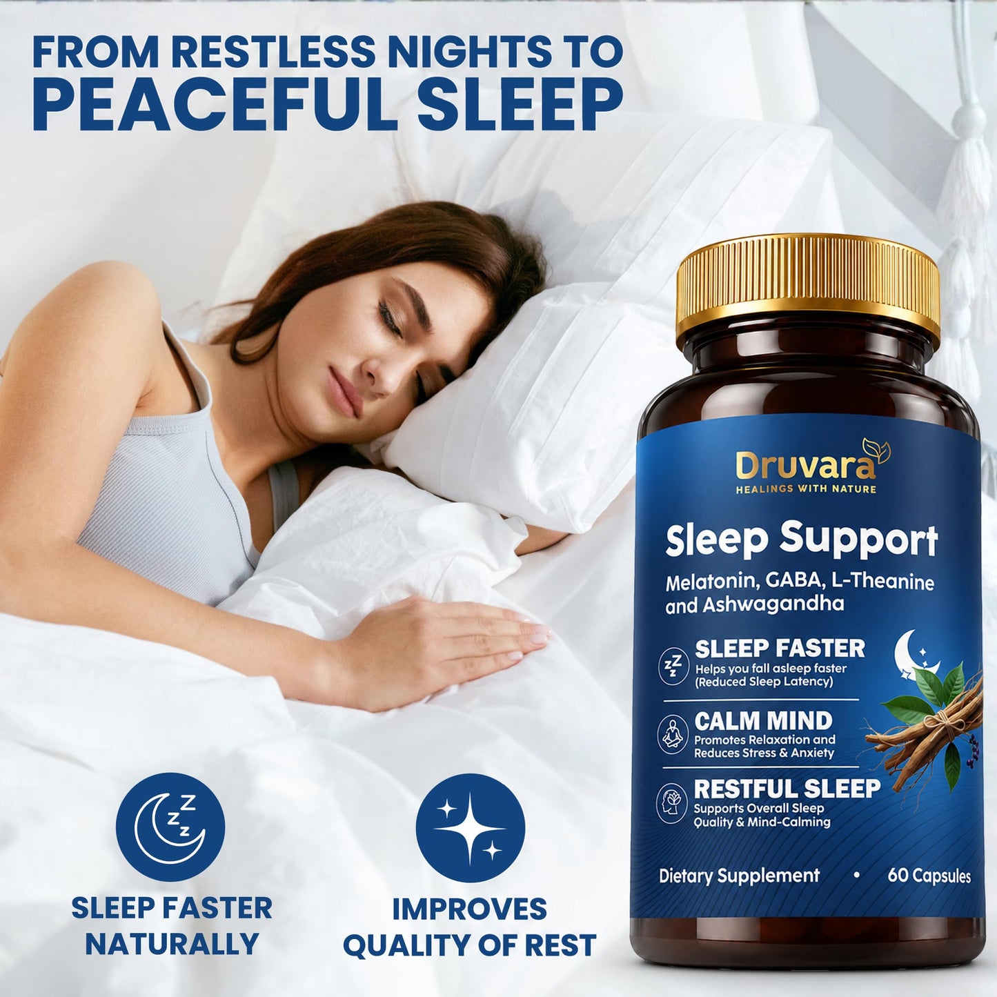 Druvara Natural Sleep Aid for Adults with Melatonin, GABA, L-Theanine & Ashwagandha, 60 Capsules