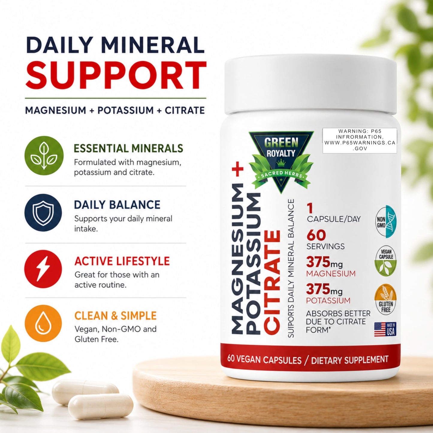 GREEN ROYALTY Magnesium Citrate + Potassium Capsules 60 Count