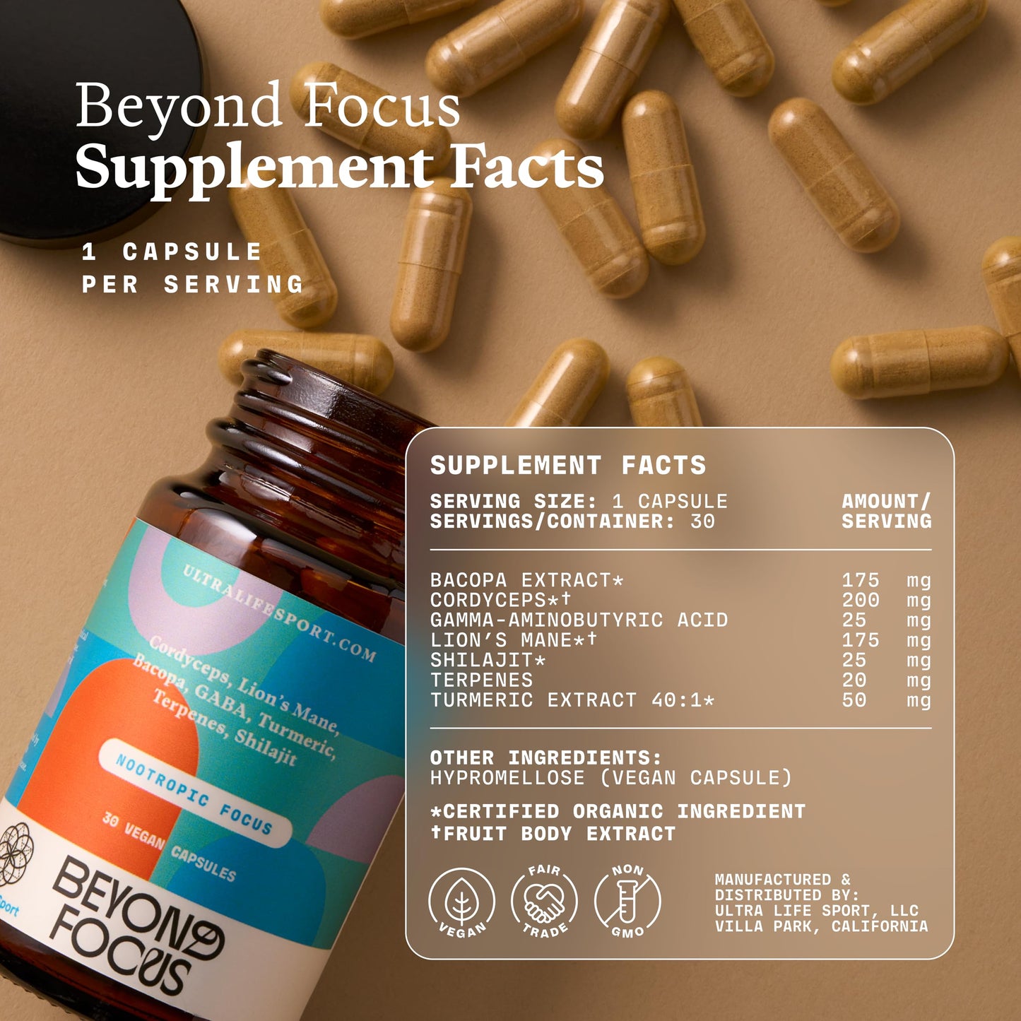 Ultra Life Sport Beyond Focus Organic Mushroom Supplement Capsule 30