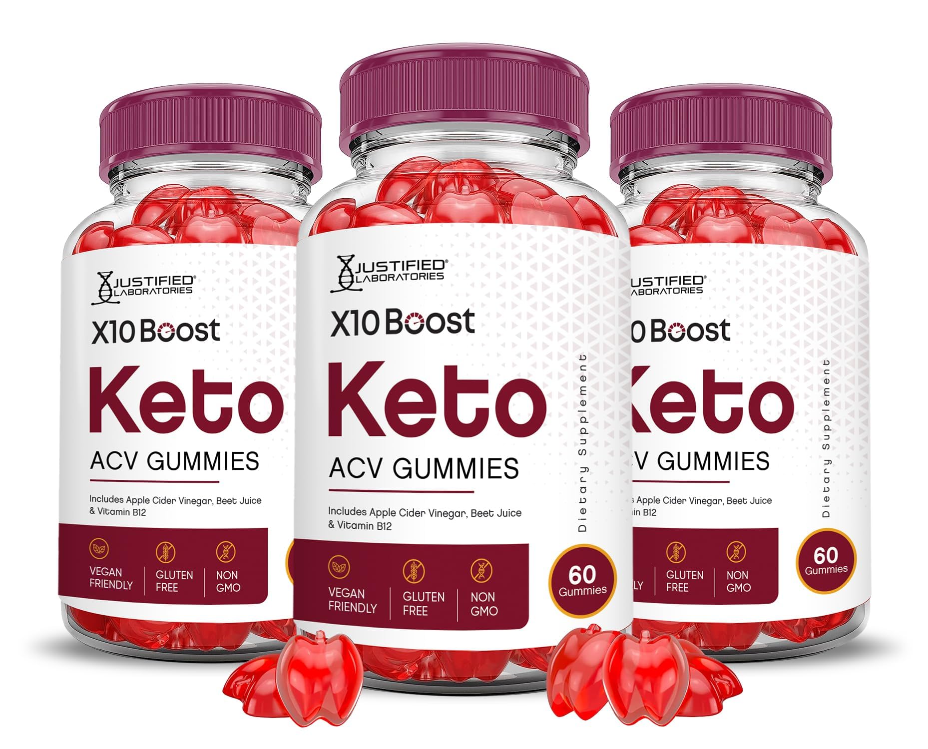 Justified Laboratories X10 Boost Keto ACV 1000 mg with Apple Cider Vinegar, Folate & Vitamin B12, Non-GMO, Vegan, Gluten Free, 180 Gummies