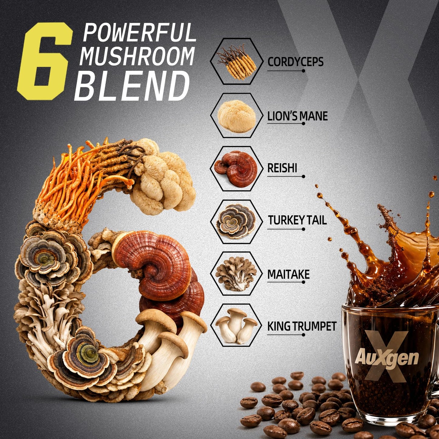Auxgen 6-Mushroom Instant Coffee Powder for Focus & Energy, 6.35 Ounce