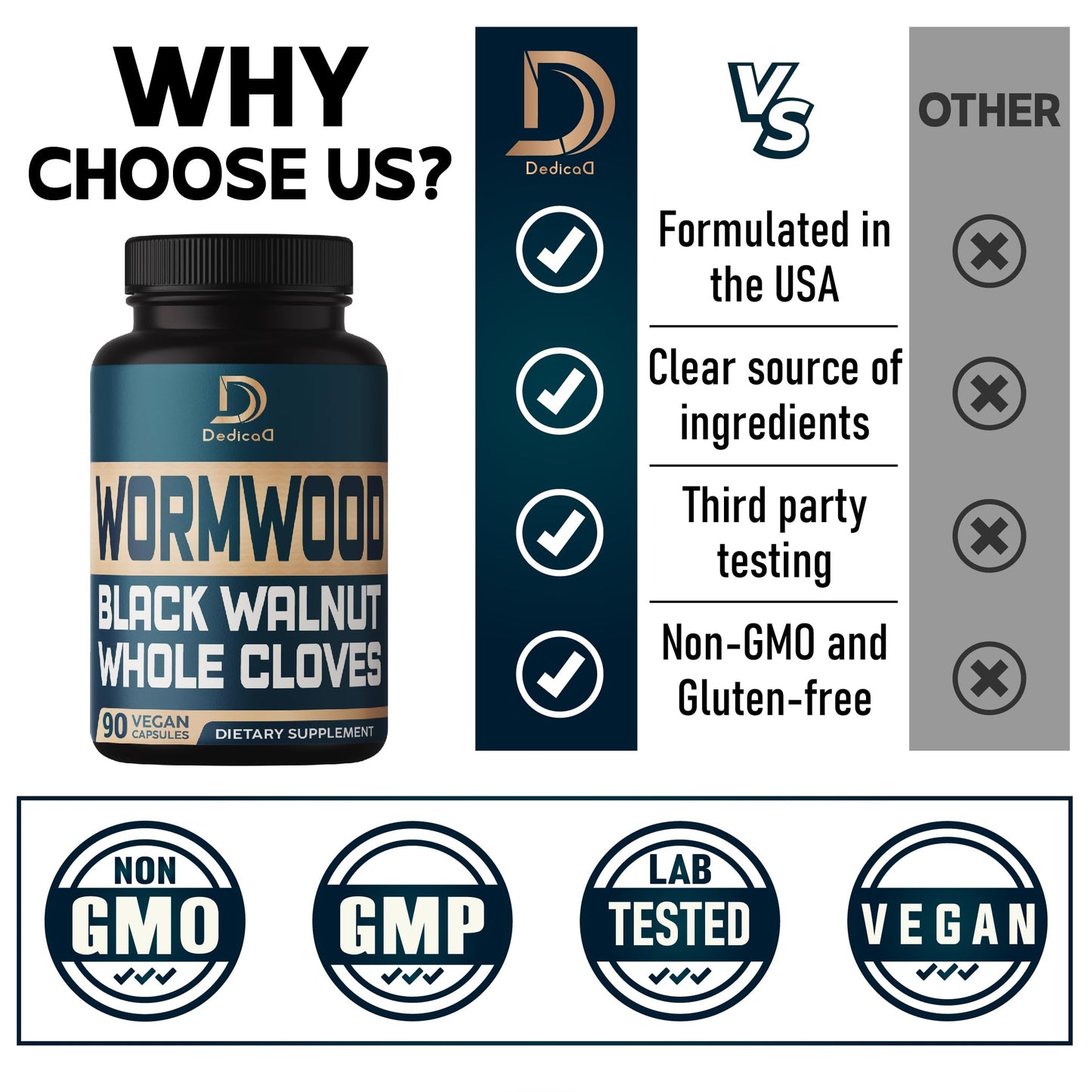 DEDICAD 12in1 Wormwood Black Walnut Clove Capsules, 90 Count