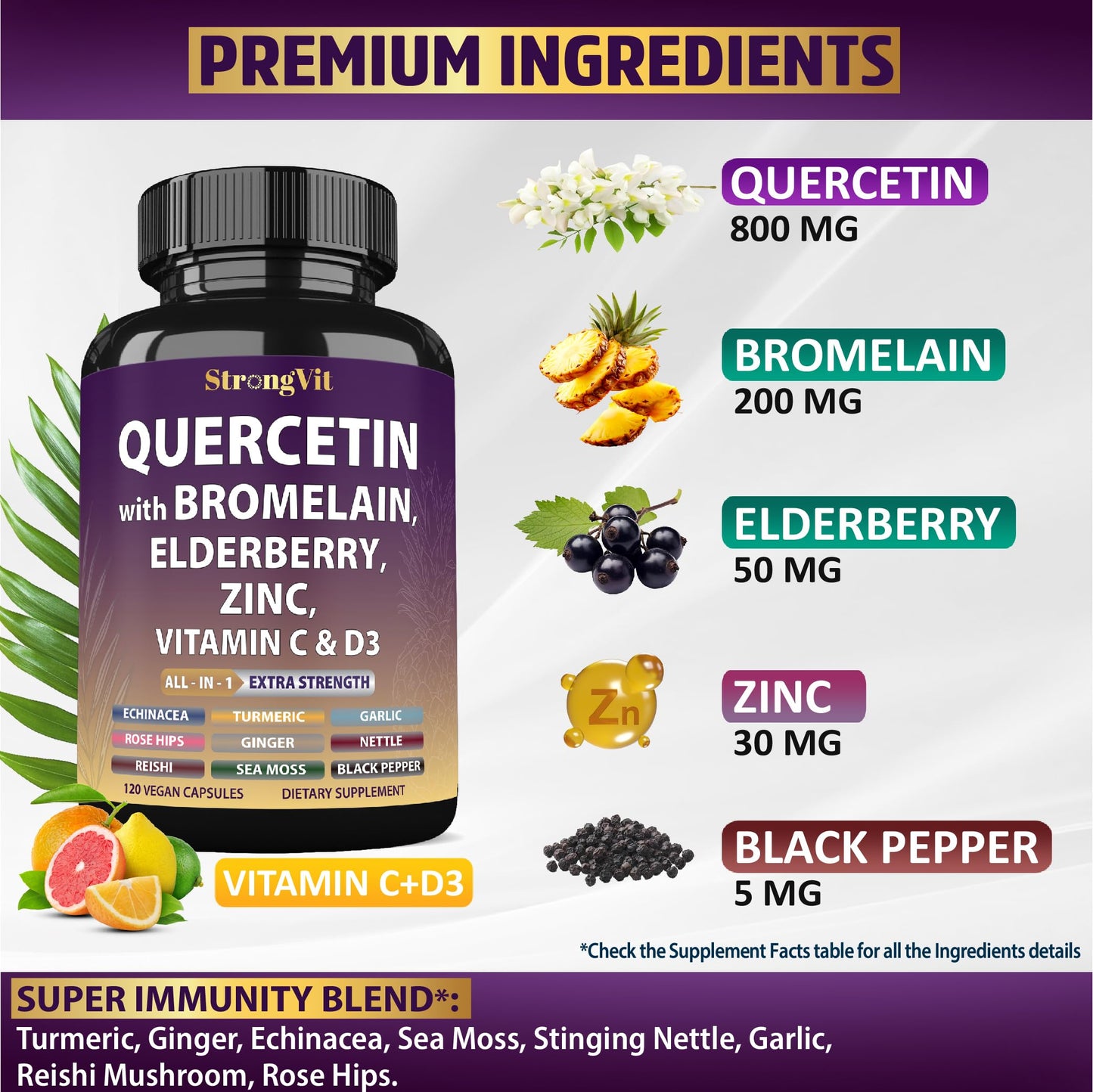 StrongVit Quercetin with Bromelain, Elderberry, Vitamin C, D3 and Zinc Capsules, 120 Count