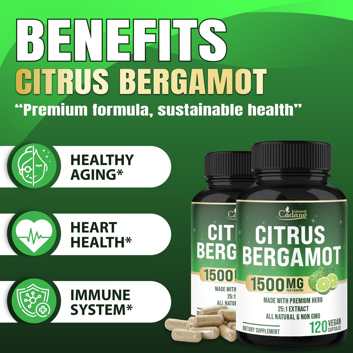 Organic Cadane Citrus Bergamot Supplement 120 Capsules