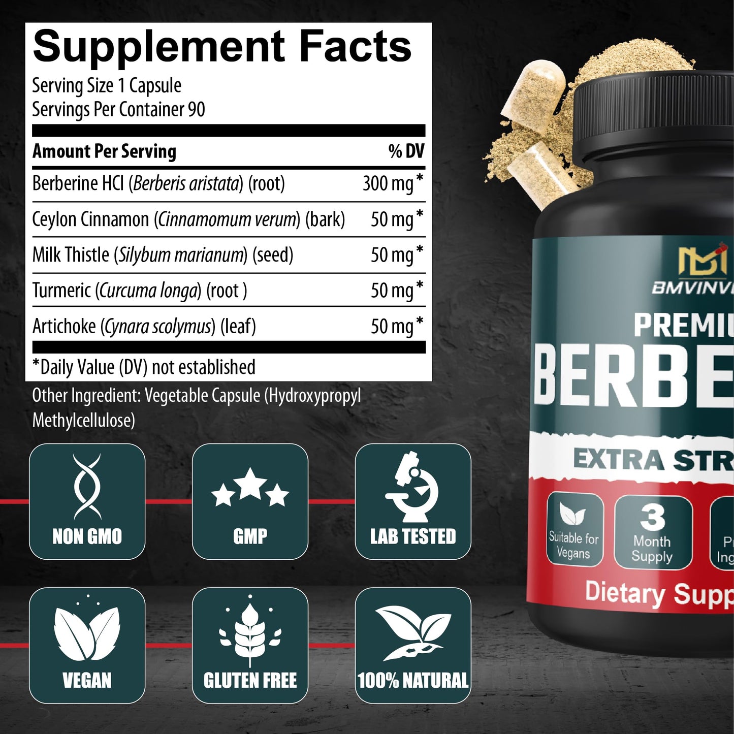 BMVINVOL 5-in-1 Berberine HCl with Ceylon Cinnamon, Milk Thistle, Turmeric, Artichoke, 90 Capsules