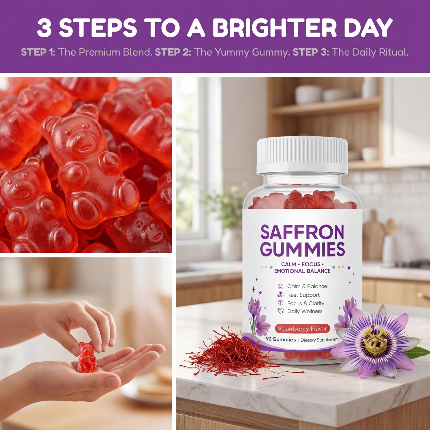 MKSUVGQ Saffron Mood & Calm Support with Passion Flower, St. John's Wort, GABA & Vitamin D2, Emotional Balance & Focus Formula, Strawberry Flavor 90 Gummies