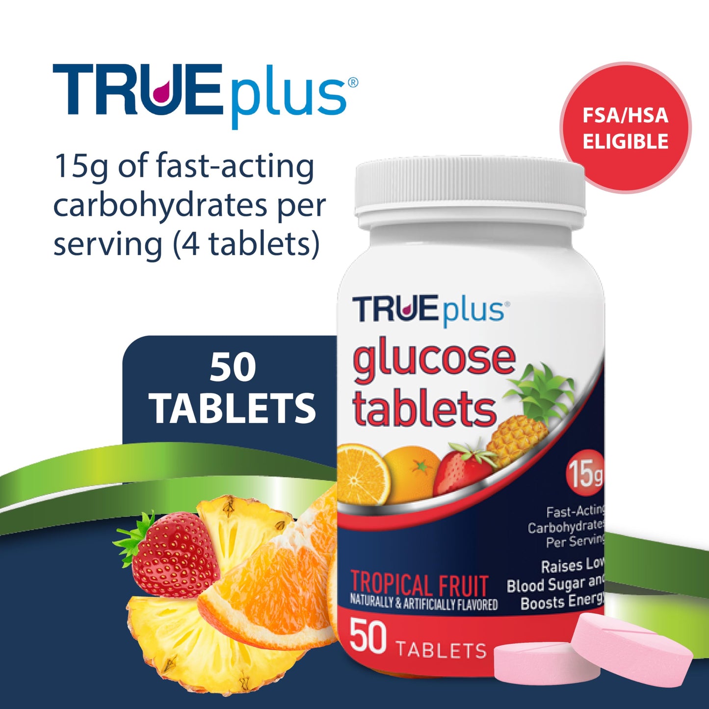 TRUEplus Glucose Tablets, Chewable, Tropical Fruit Flavor, 50 Tablets