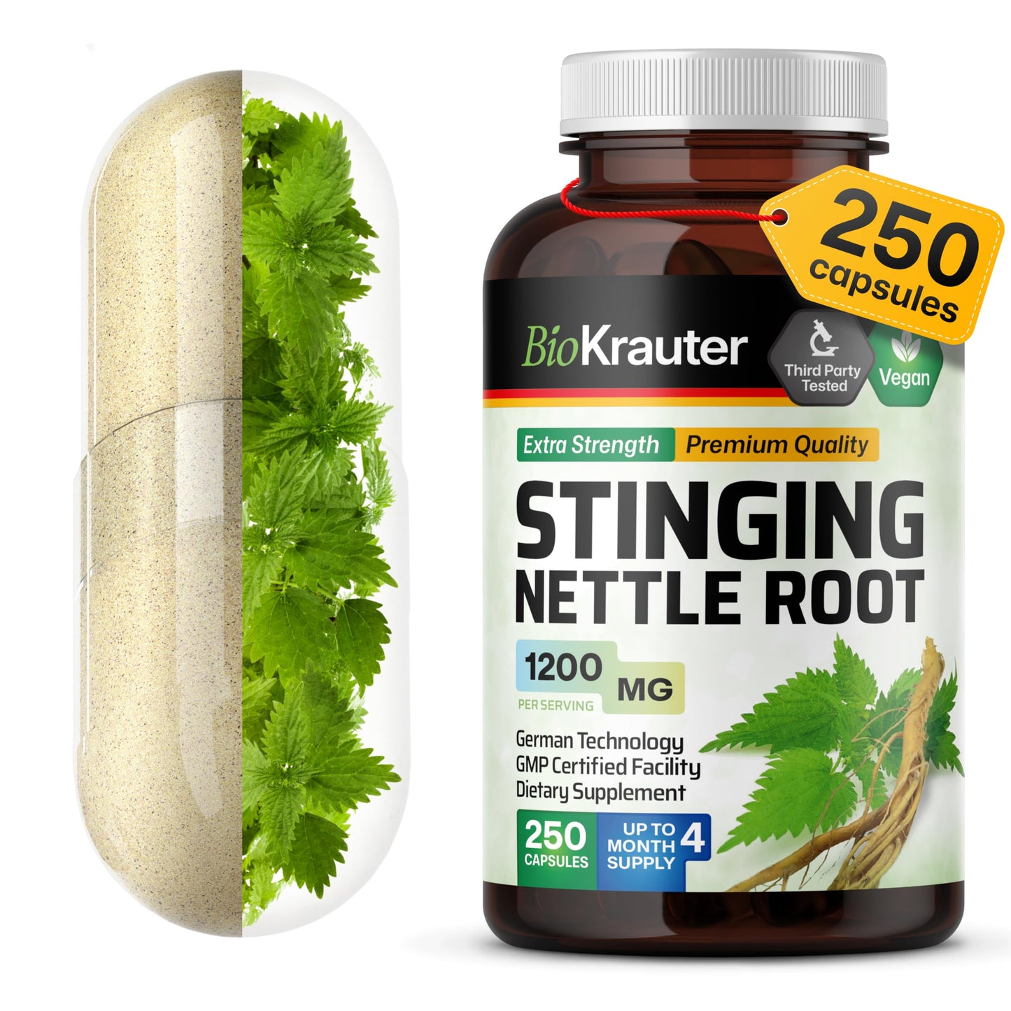 BIO KRAUTER Stinging Nettle for Seasonal Support - Stinging Nettle Root Supplement (Urtica Dioica) 1200 mg for Urinary Tract Support & Daily Wellness 250 Capsules