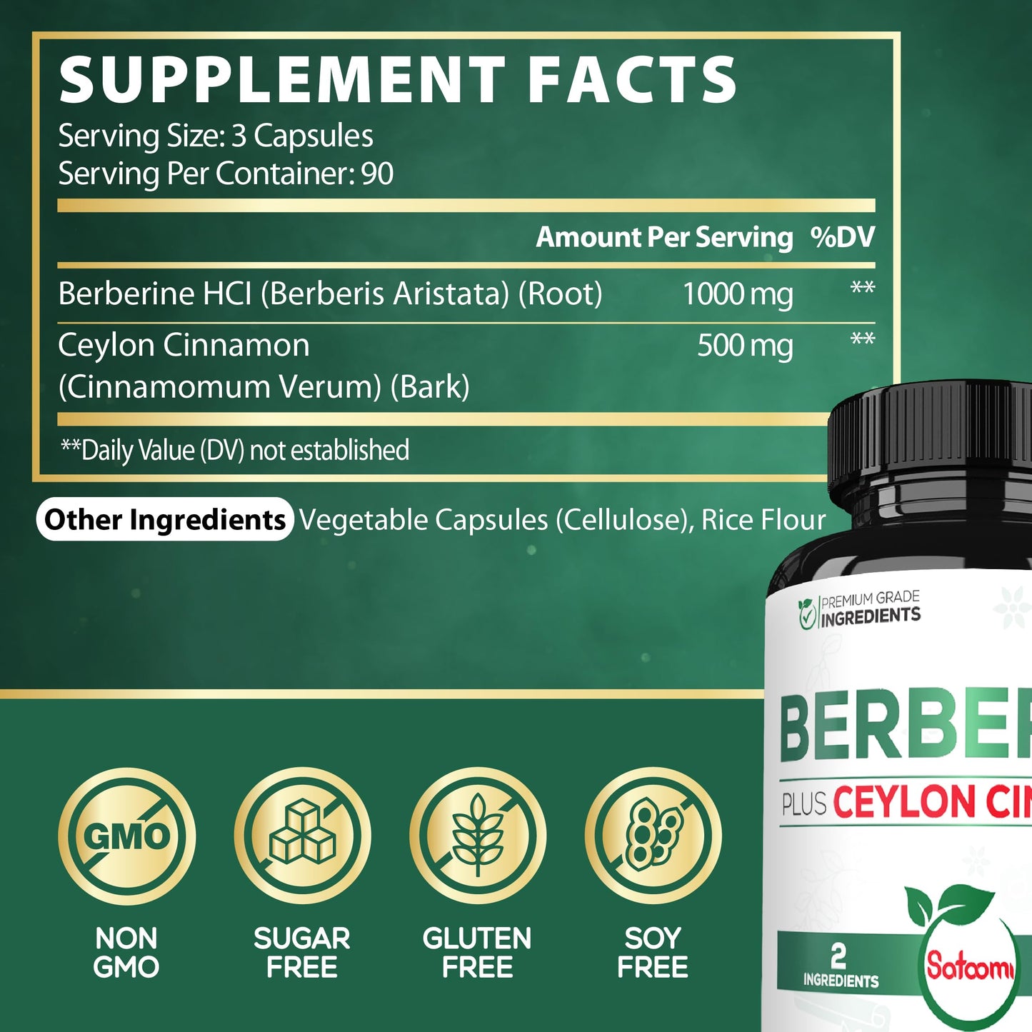 Satoomi Berberine with Ceylon Cinnamon Supplement - 1500mg Extra Strength Capsules, 270 Count