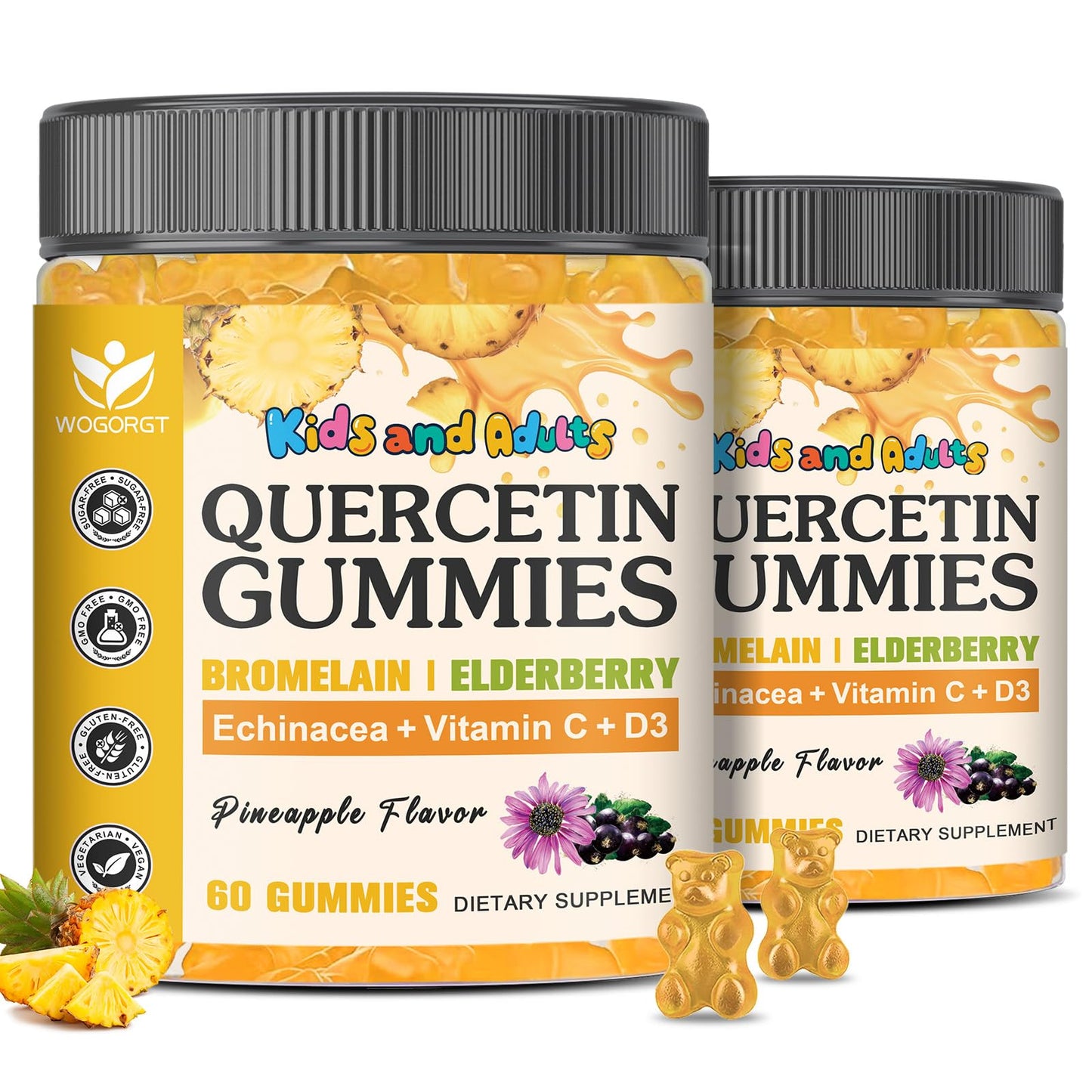WOGORGT Quercetin Gummies with Bromelain for Adults & Kids - 800mg Quercetin with Elderberry, Vitamin C & D3, Immune Support, Sugar Free, Vegan, Pineapple Flavor, 120 Gummies
