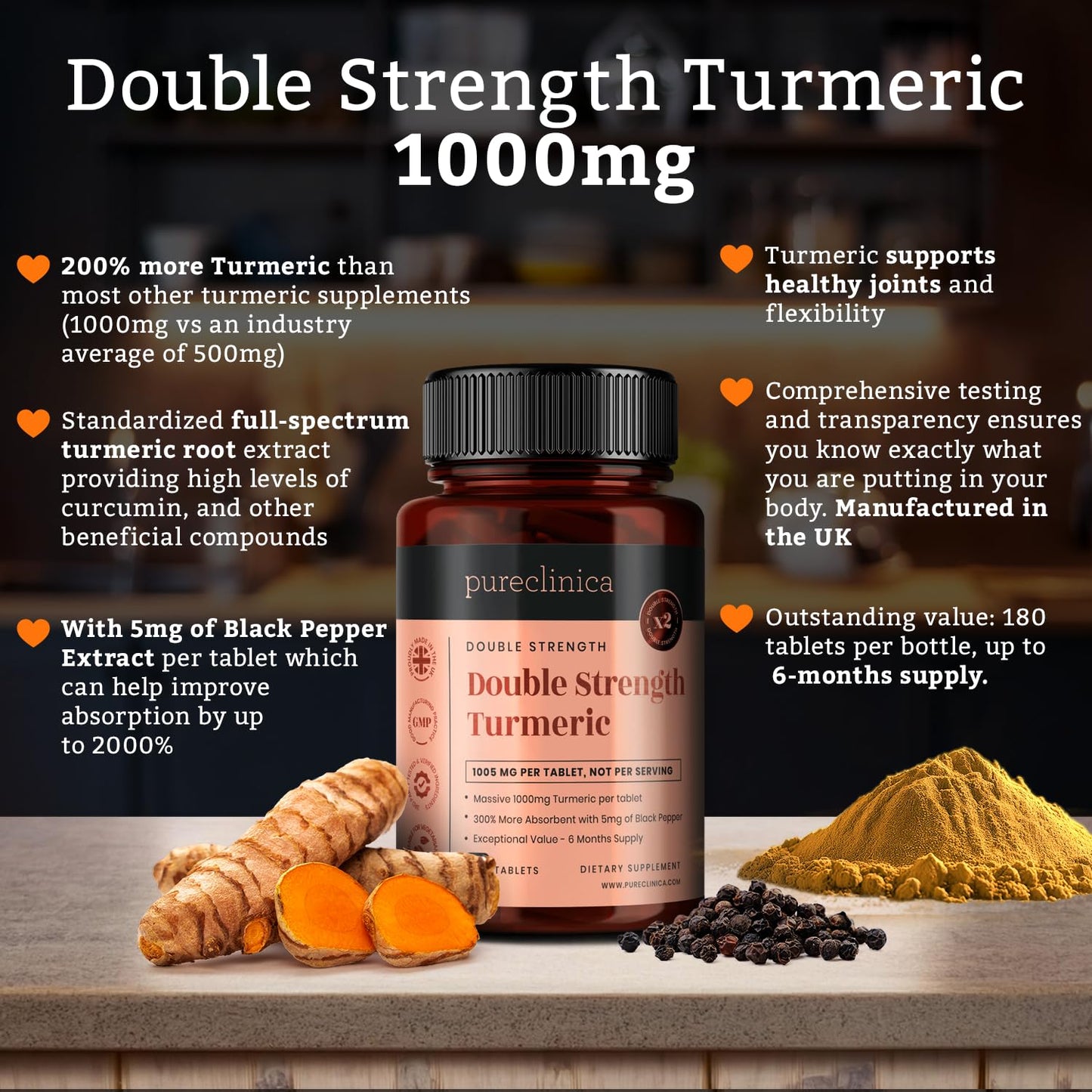 PureClinica Turmeric Double Strength Tablets 1000mg, 180 Count