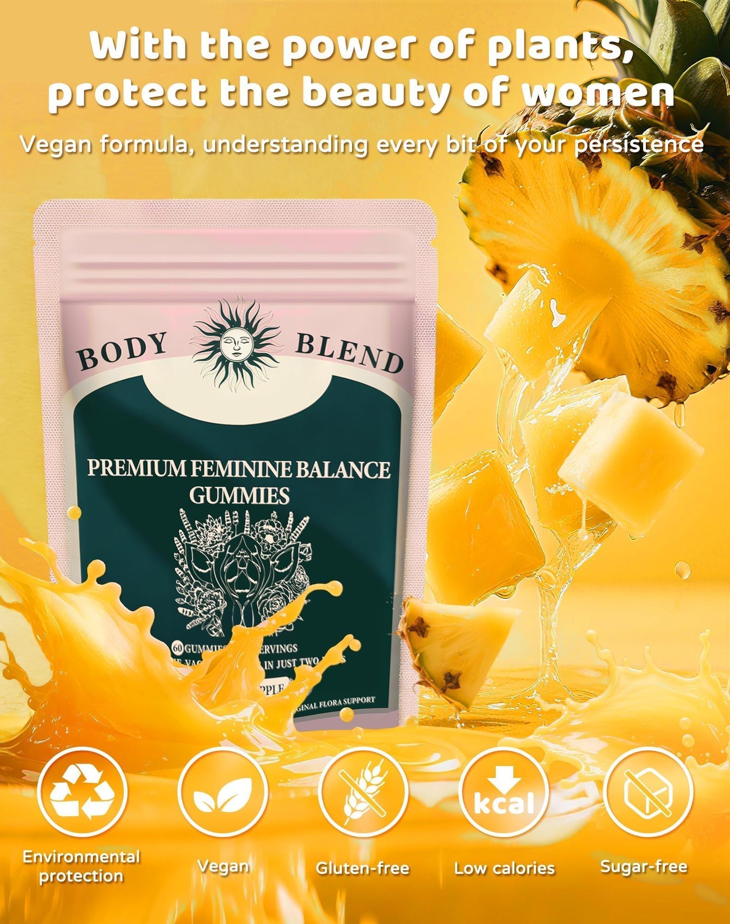 BodyBlend Feminine Balance Gummies Probiotic for Vaginal Health & Immune Support, Vegan, Gluten-Free, Low Calorie, Hawaiian Pineapple, 60 Gummies