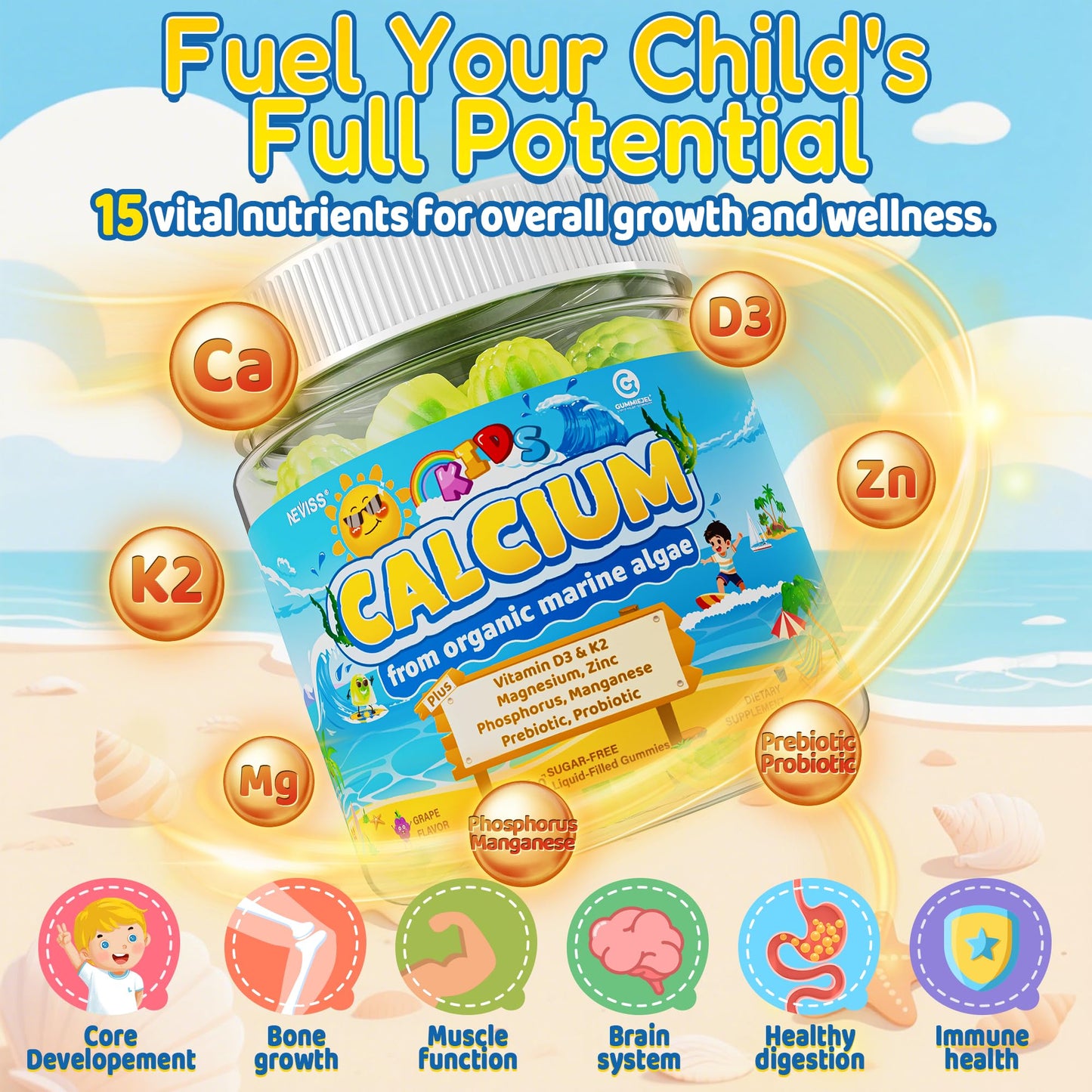 NEVISS Kids Calcium Gummies + Vitamin D3 (1000IU/2000IU), K2, Magnesium, Phosphorus, Probiotic, Algae Calcium Supplement for Kids 4+ & Teens for Bones & Teeth, Extra Calcium Absorption, Sugar Free, 60 Gummies