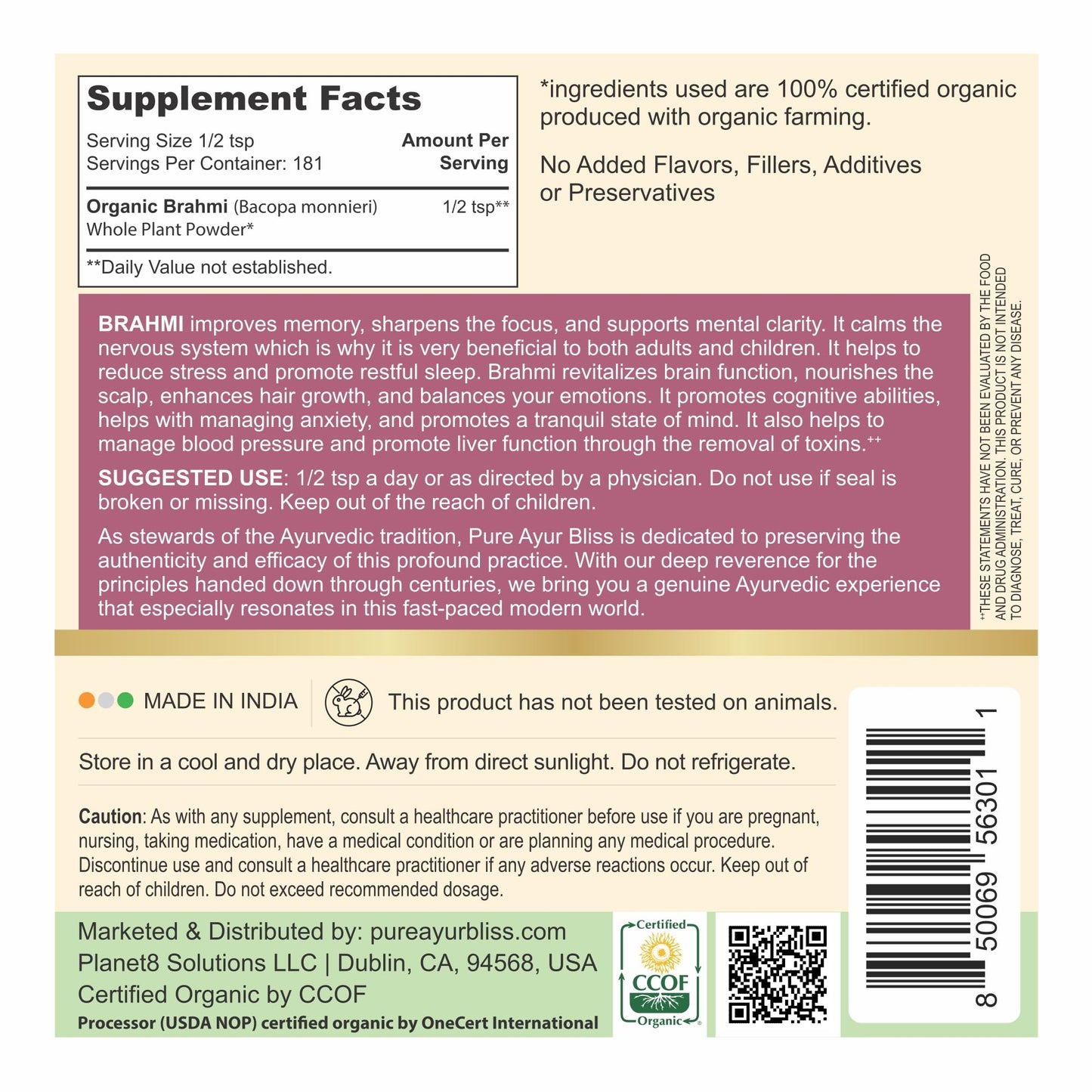 PureAyurbliss 100% Organic Brahmi Powder, 16oz