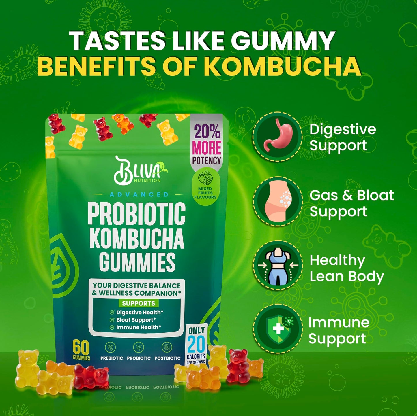 BLIVA NUTRITION Probiotic Kombucha Gummies with Prebiotics, Probiotics, Postbiotics, Slippery Elm Bark & Fiber, 60 Gummies